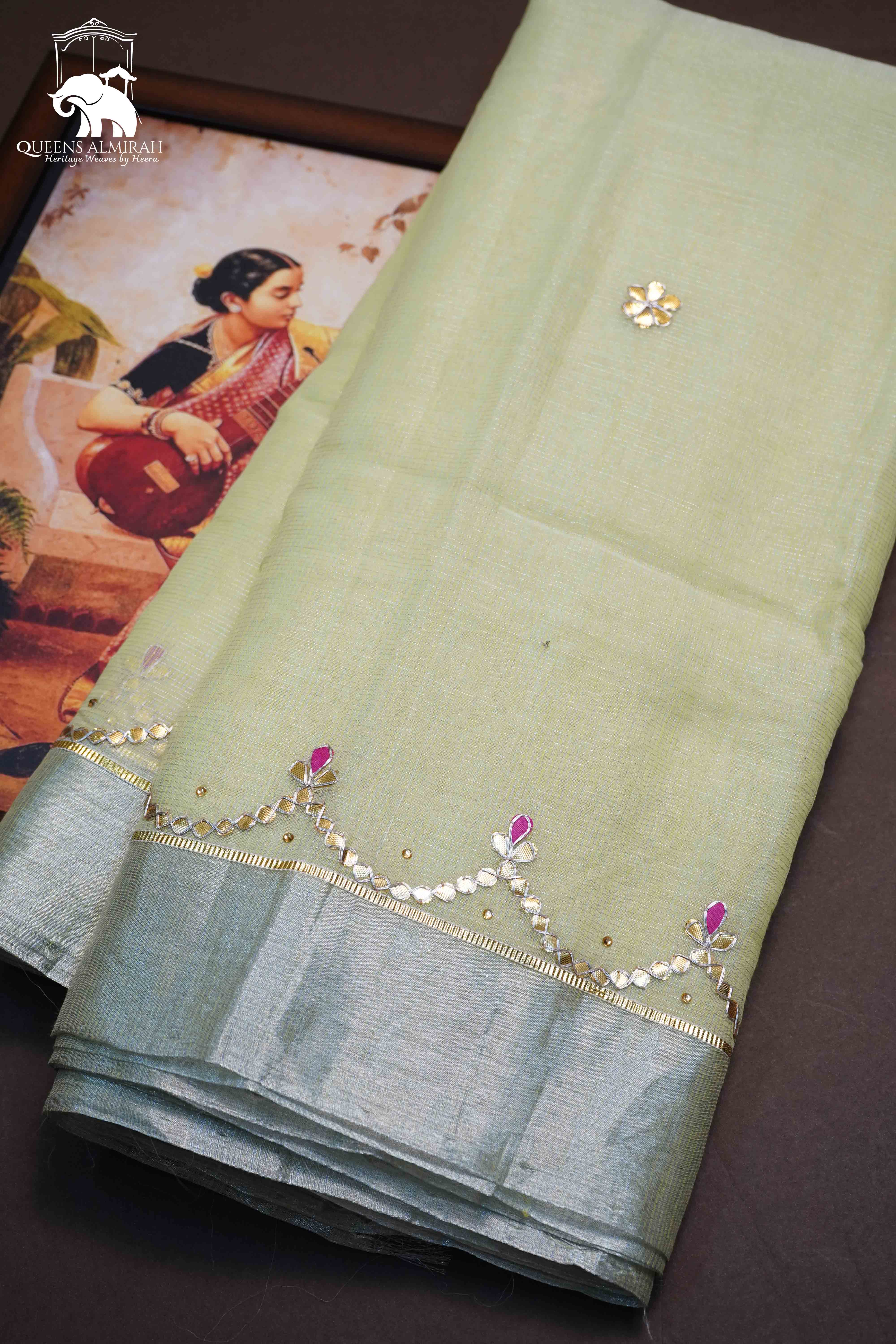 OLIVE GREEN KOTA COTTON SAREE - Queens Jewel Emporium