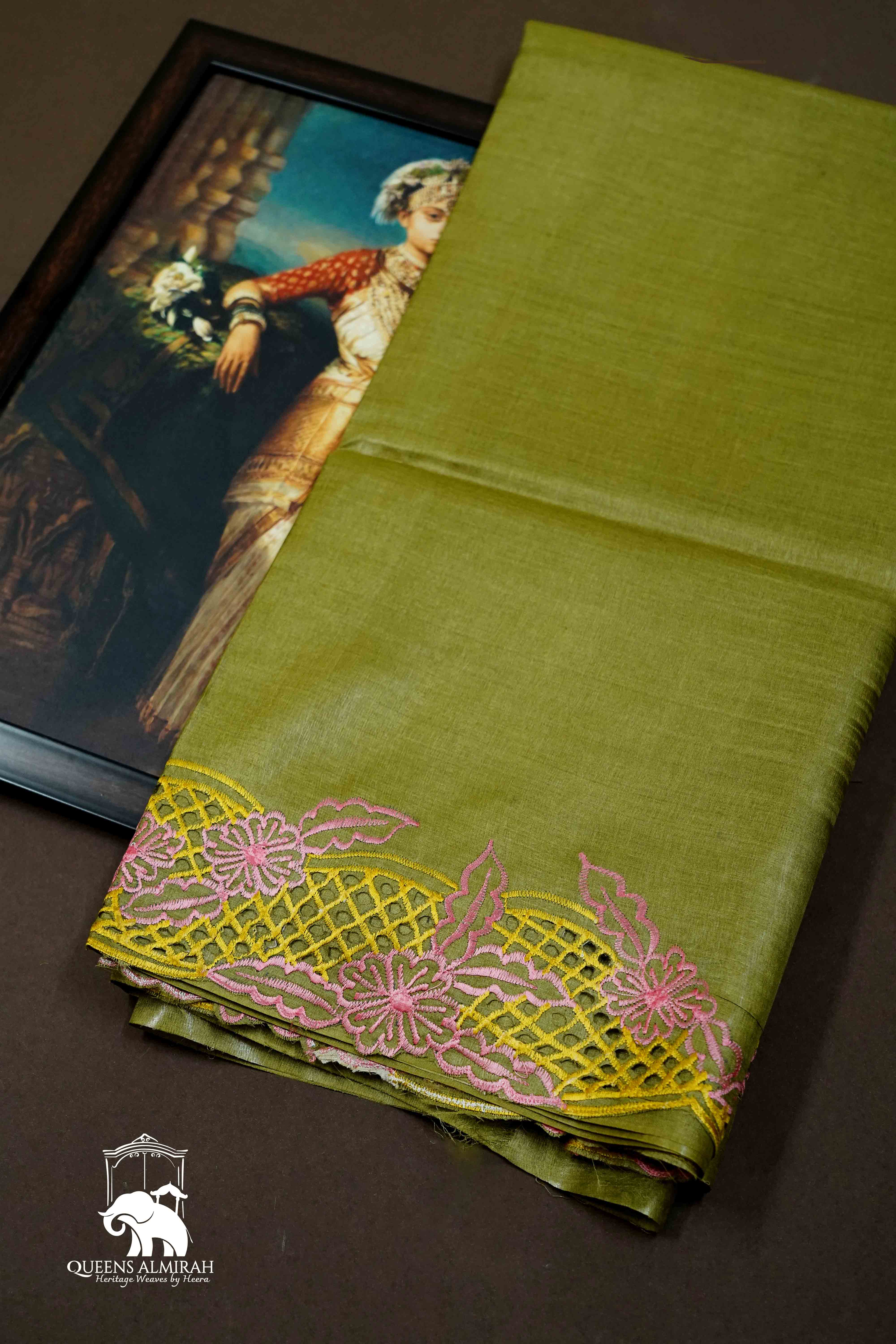 OLIVE GREEN PURE TUSSAR SILK SAREE - Queens Jewel Emporium