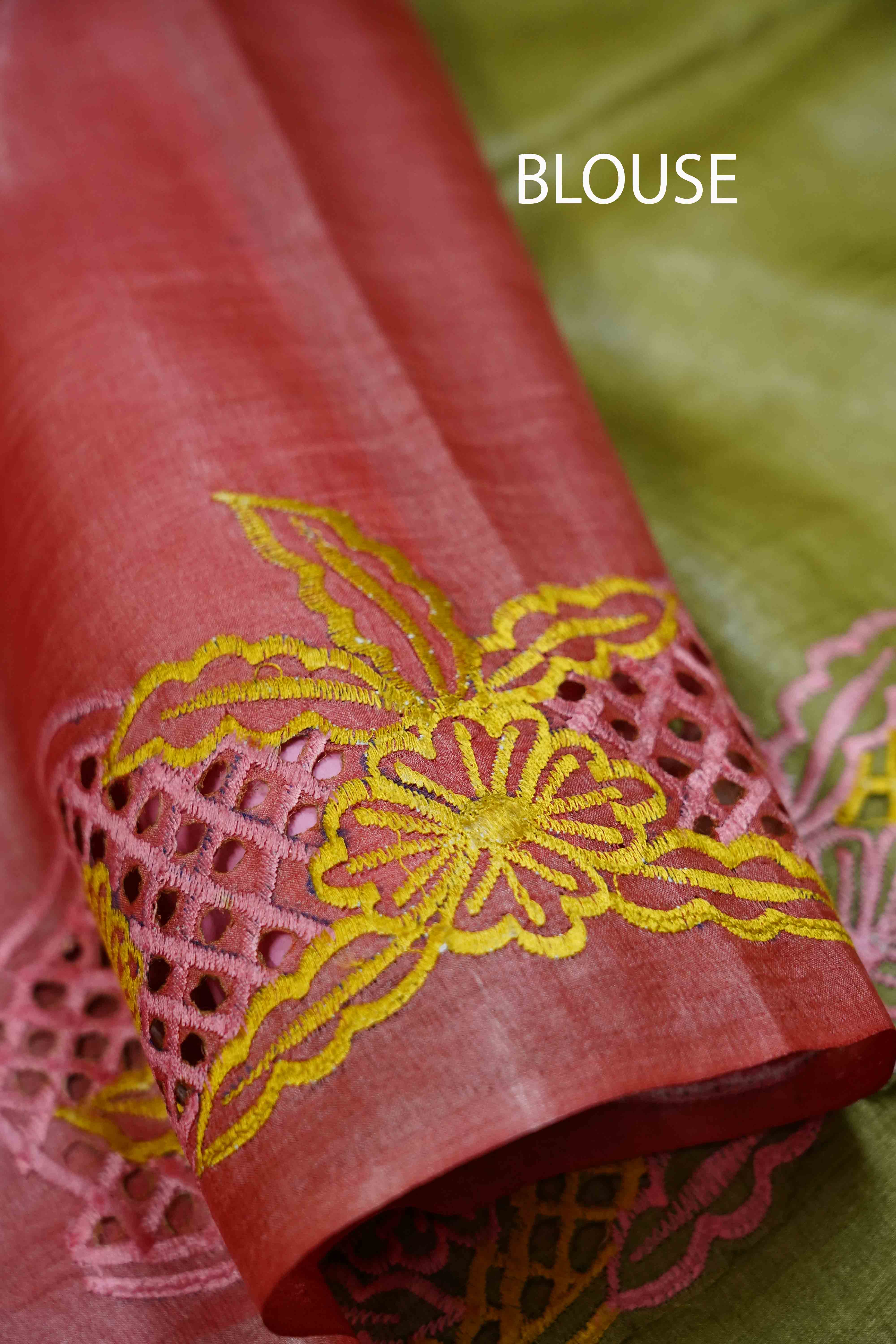 OLIVE GREEN PURE TUSSAR SILK SAREE - Queens Jewel Emporium