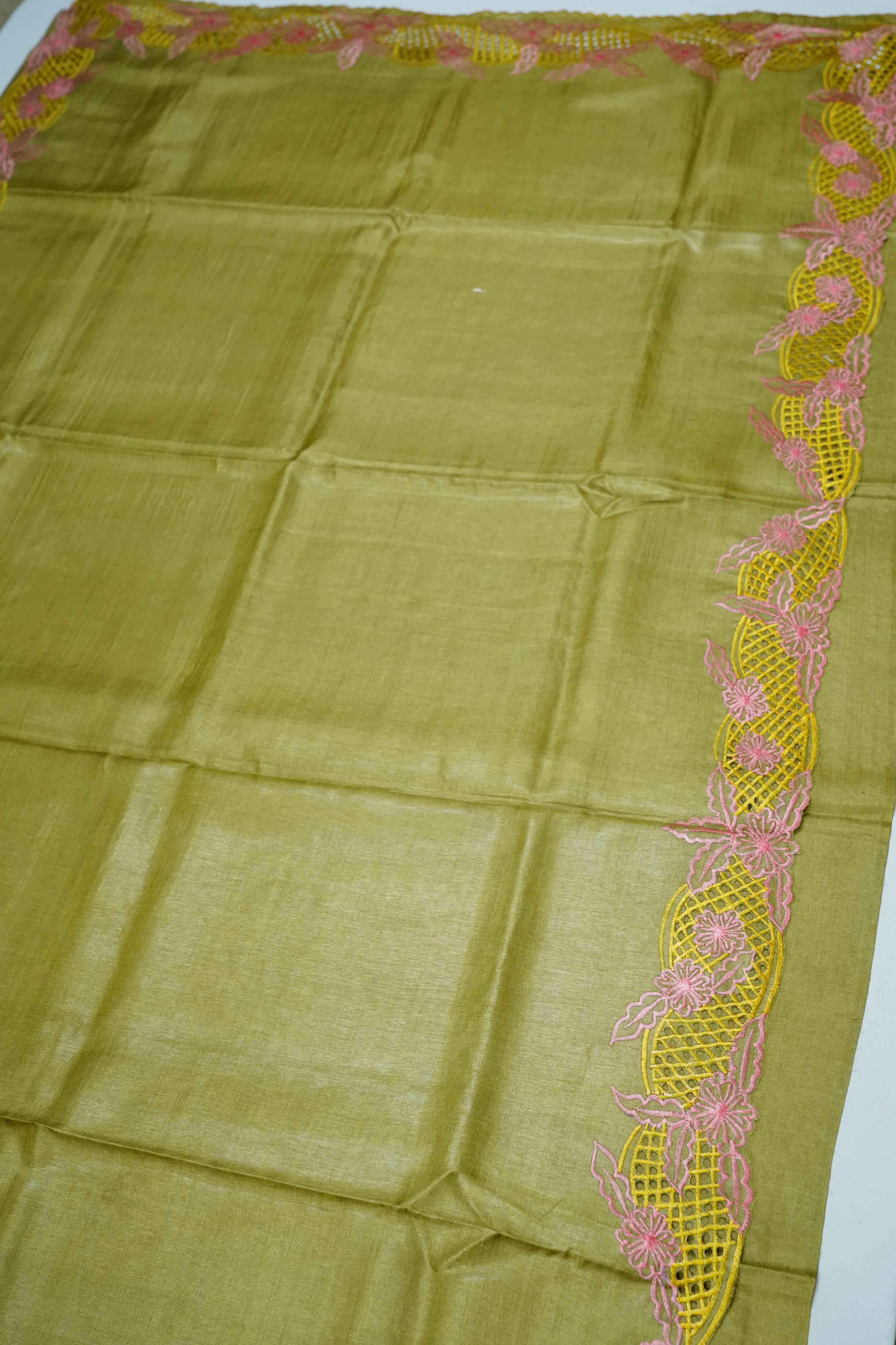OLIVE GREEN PURE TUSSAR SILK SAREE - Queens Jewel Emporium