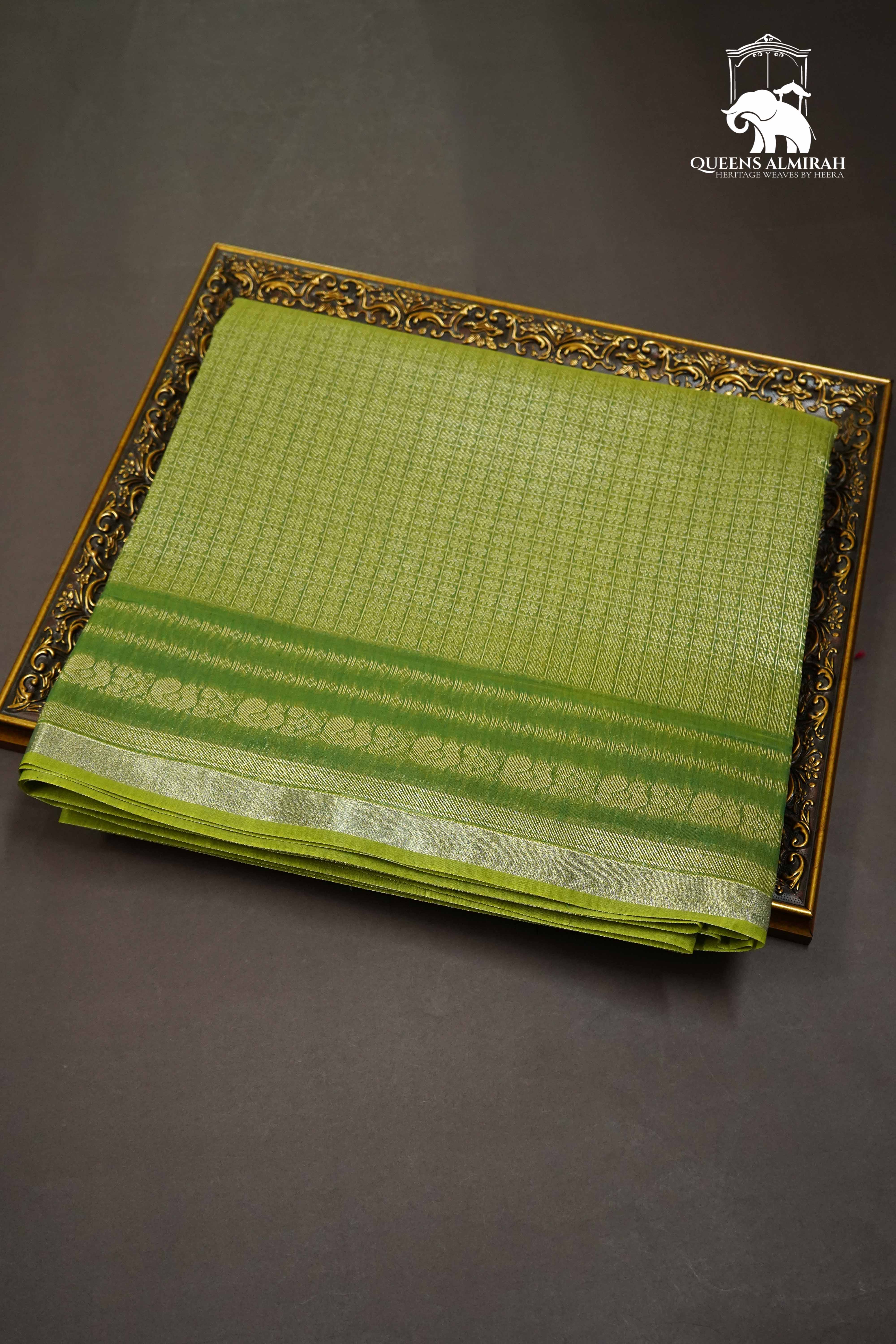 OLIVE GREEN WITH WOVEN BORDER SILK COTTON SAREE - Queens Jewel Emporium