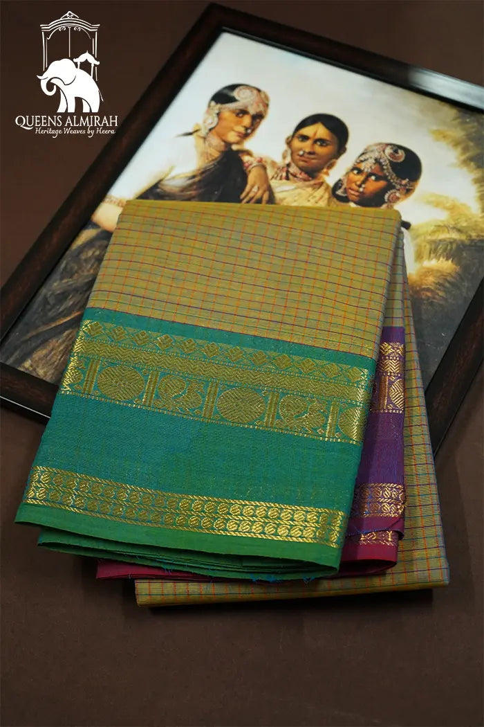 OLIVE HAZE WITH PLUM PURPLE KANCHI COTTON SAREE - Queens Jewel Emporium