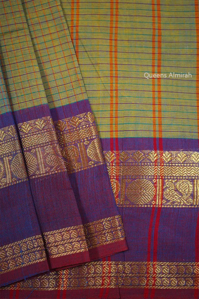 OLIVE HAZE WITH PLUM PURPLE KANCHI COTTON SAREE - Queens Jewel Emporium