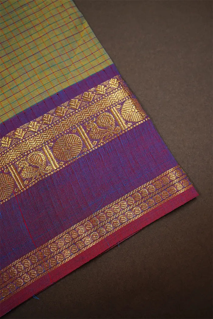 OLIVE HAZE WITH PLUM PURPLE KANCHI COTTON SAREE - Queens Jewel Emporium