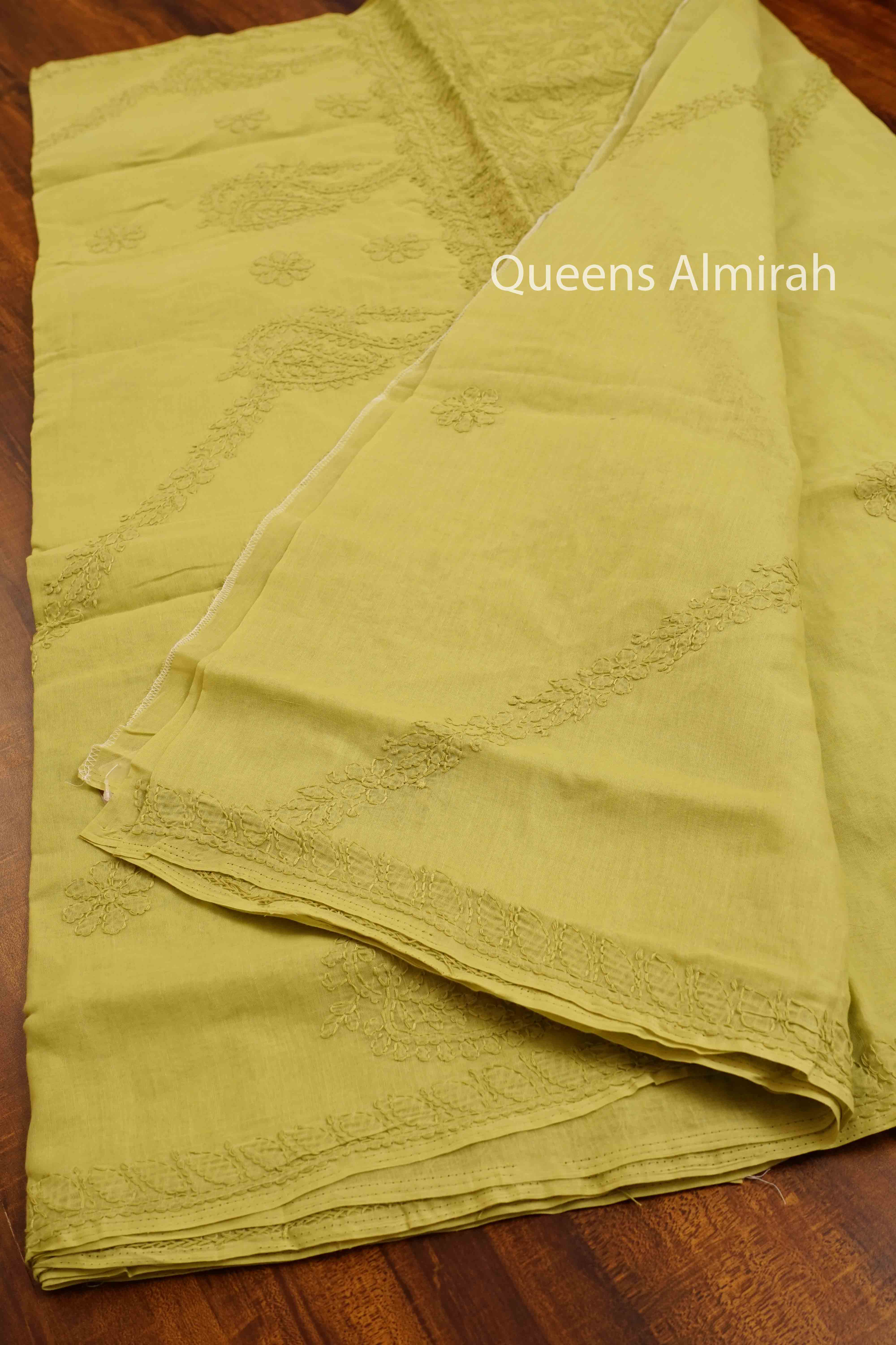 OLIVE YELLOW CHIKANKARI COTTON SAREE - Queens Jewel Emporium