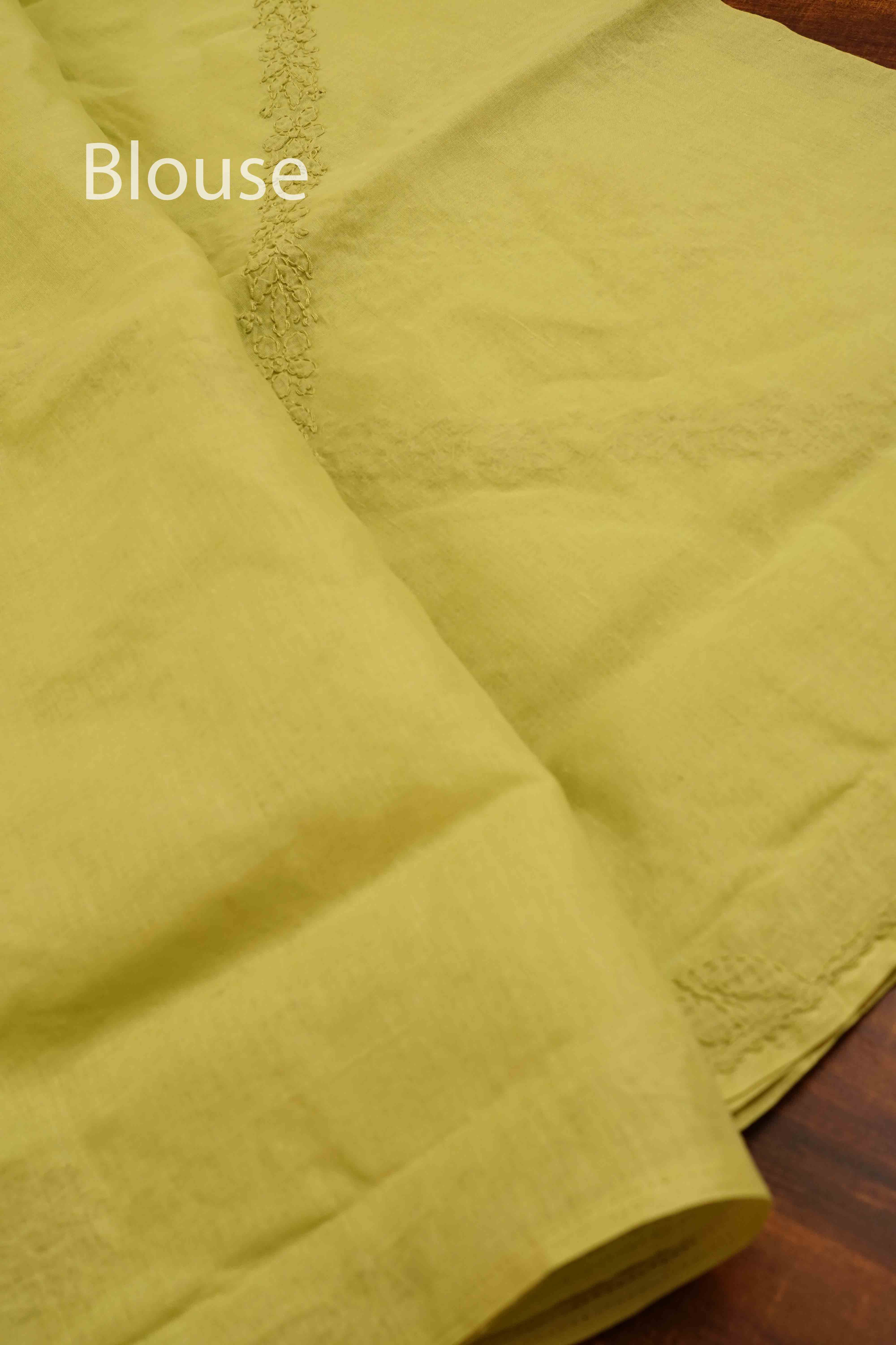 OLIVE YELLOW CHIKANKARI COTTON SAREE - Queens Jewel Emporium
