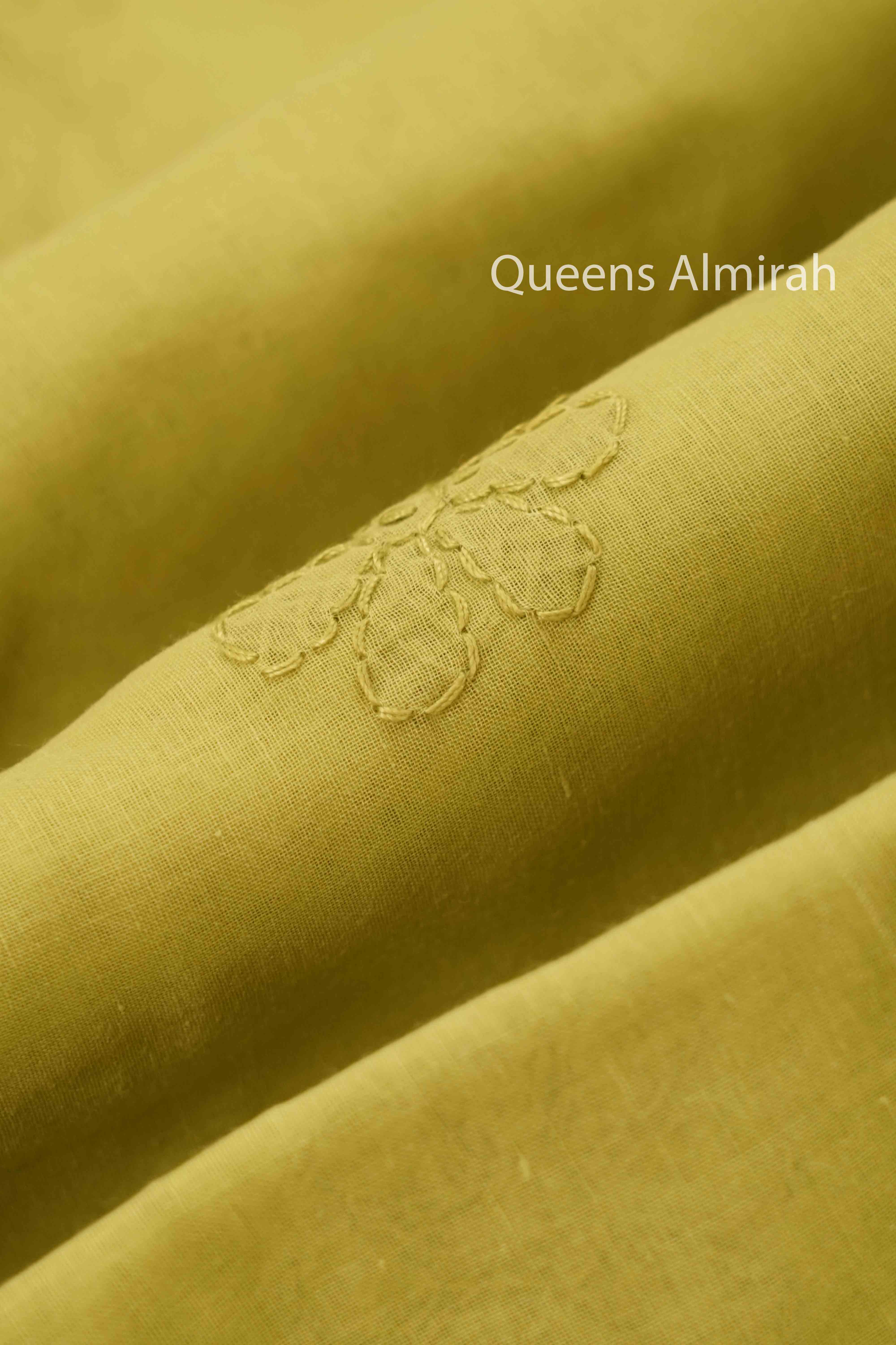 OLIVE YELLOW CHIKANKARI COTTON SAREE - Queens Jewel Emporium