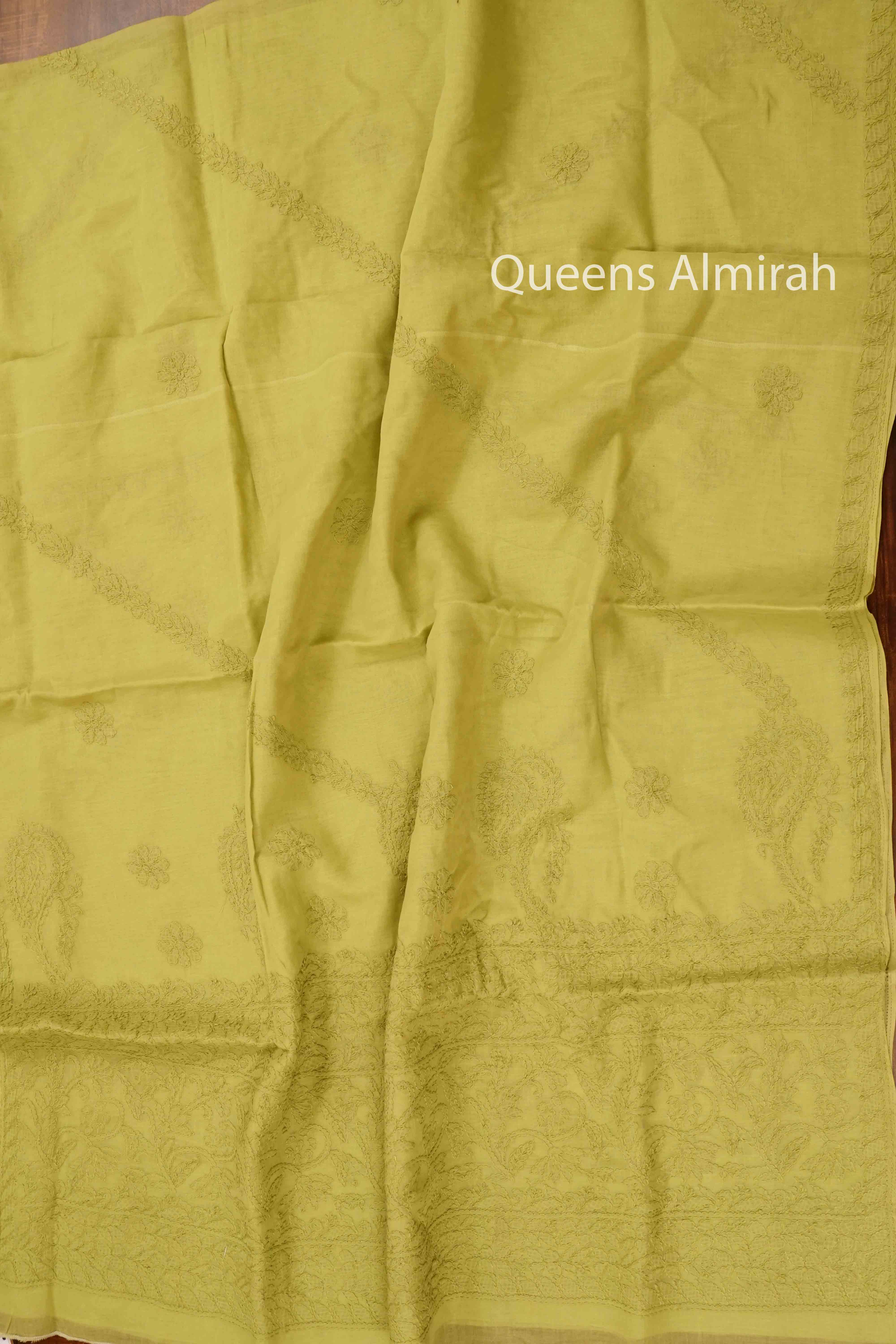 OLIVE YELLOW CHIKANKARI COTTON SAREE - Queens Jewel Emporium