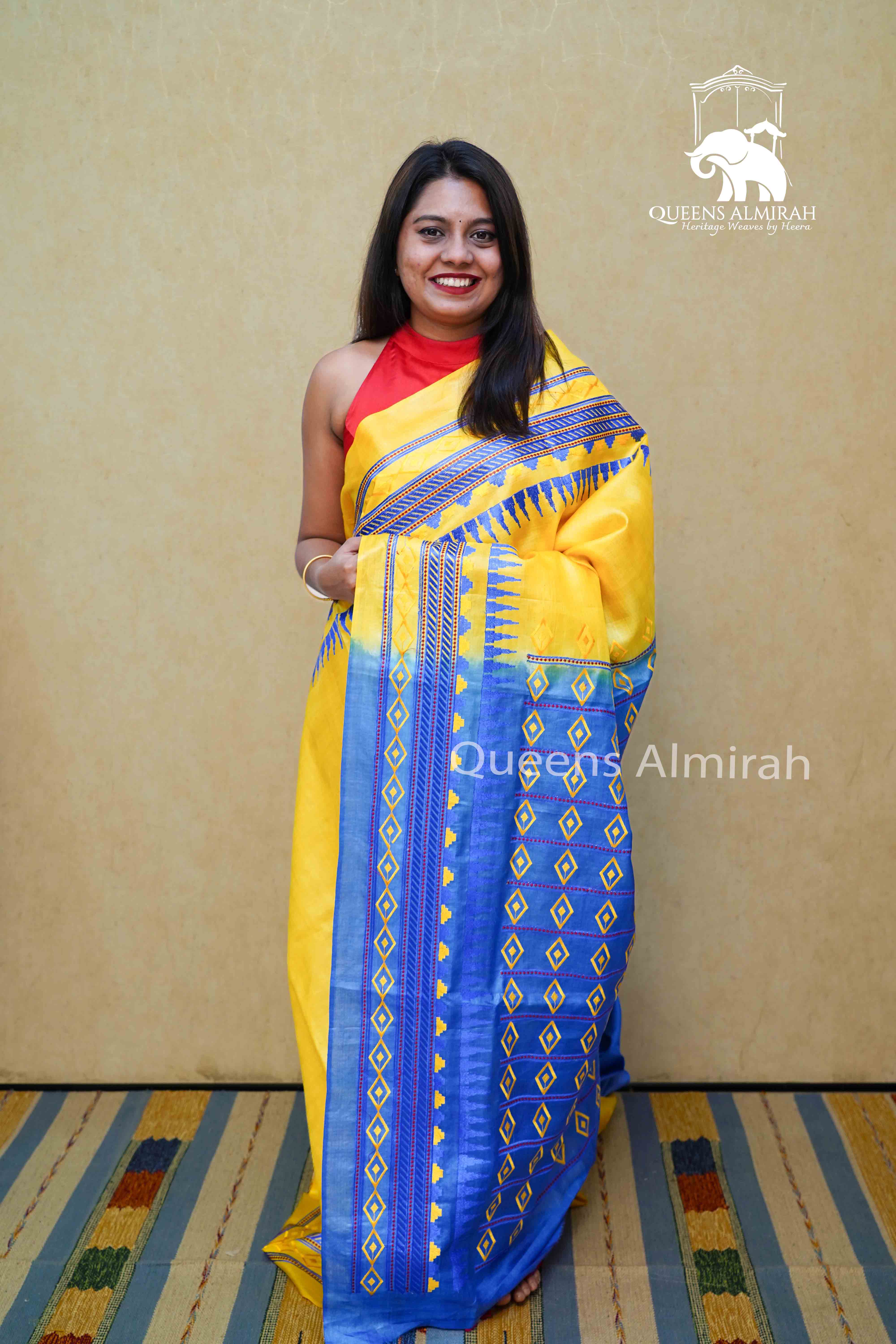 OLIVE YELLOW  PURE TUSSAR SILK SAREE - Queens Jewel Emporium