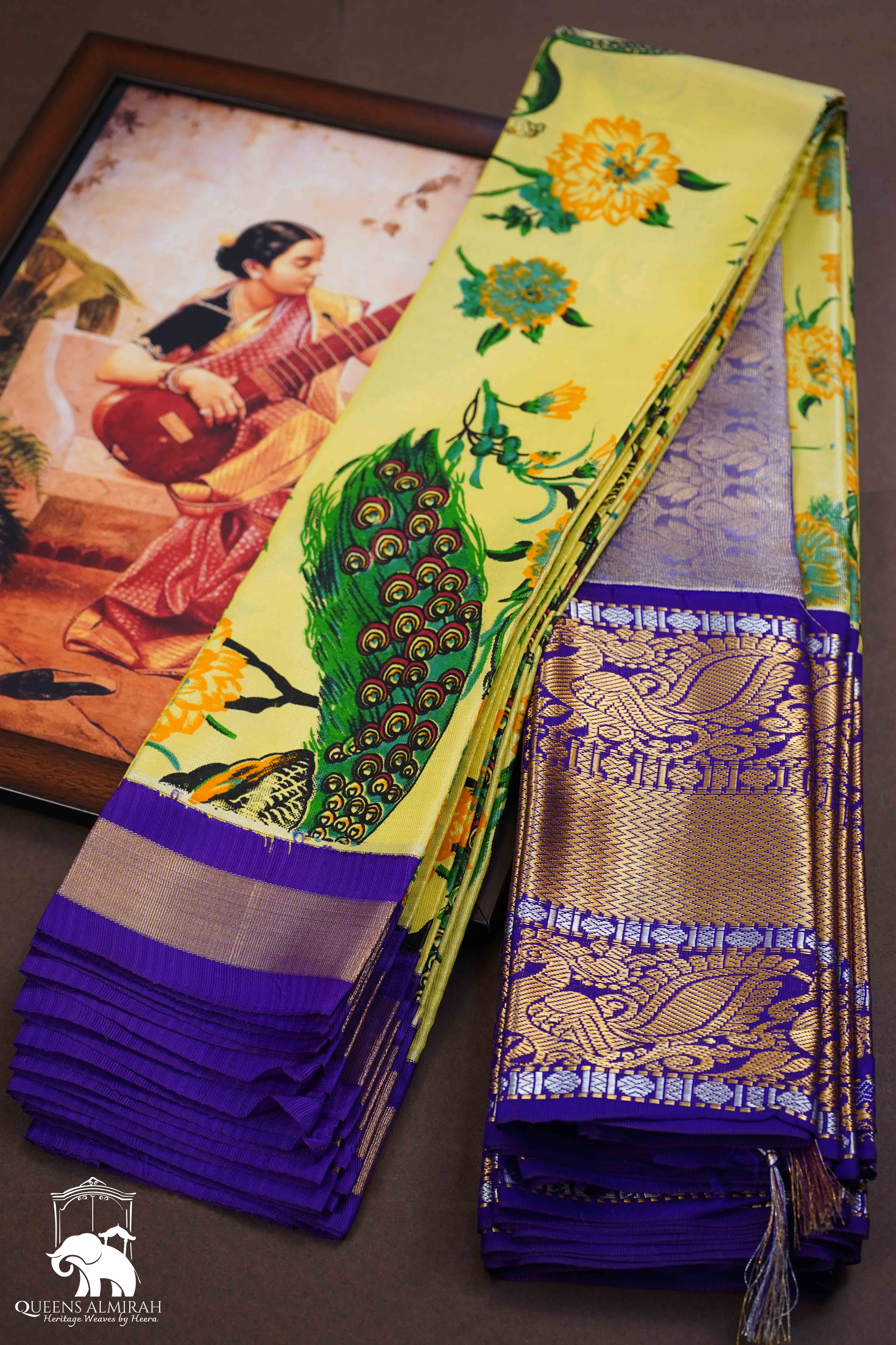 OLIVE YELLOW WITH DARK INDIGO MANGALGIRI TISSUE SAREE - Queens Jewel Emporium