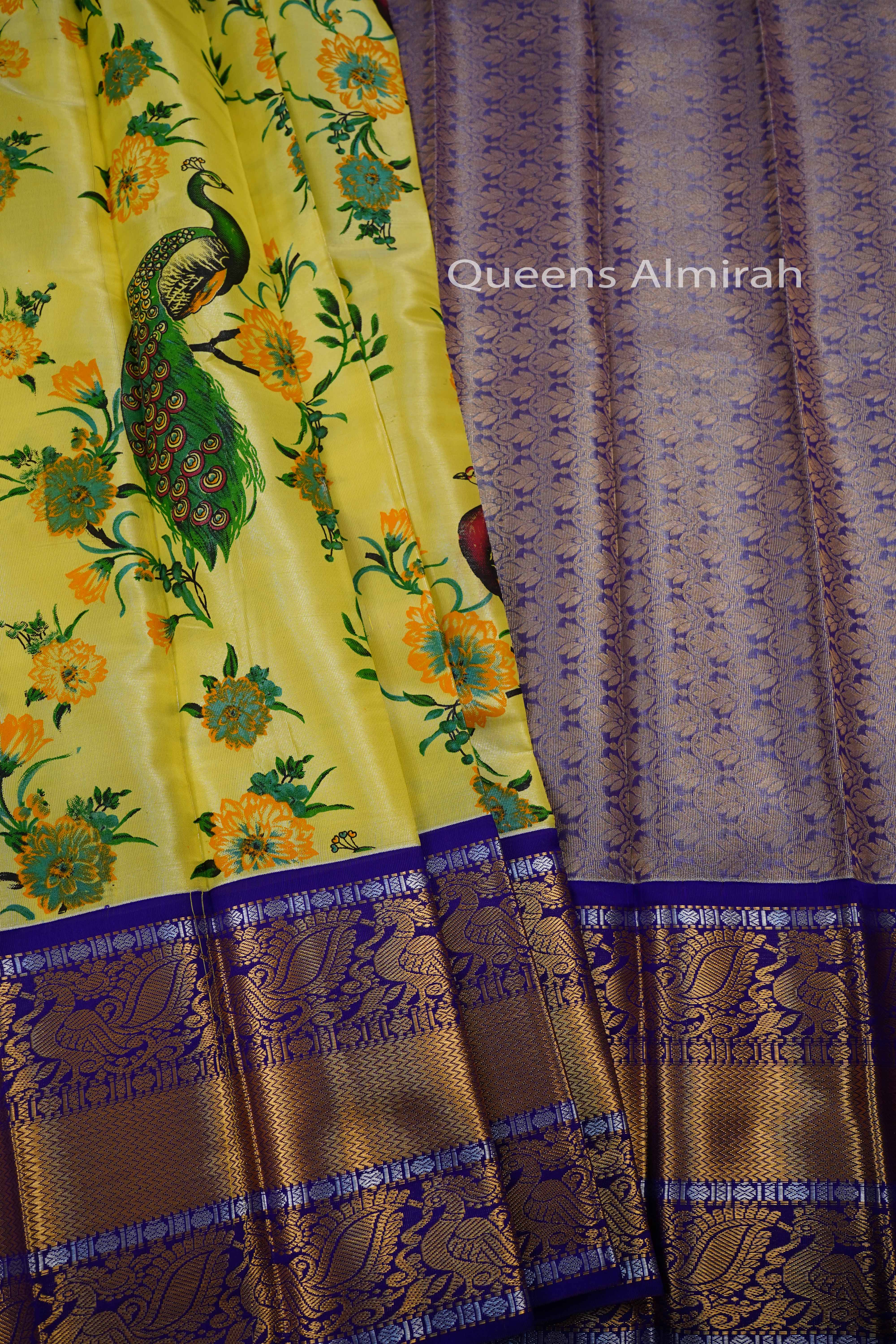 OLIVE YELLOW WITH DARK INDIGO MANGALGIRI TISSUE SAREE - Queens Jewel Emporium