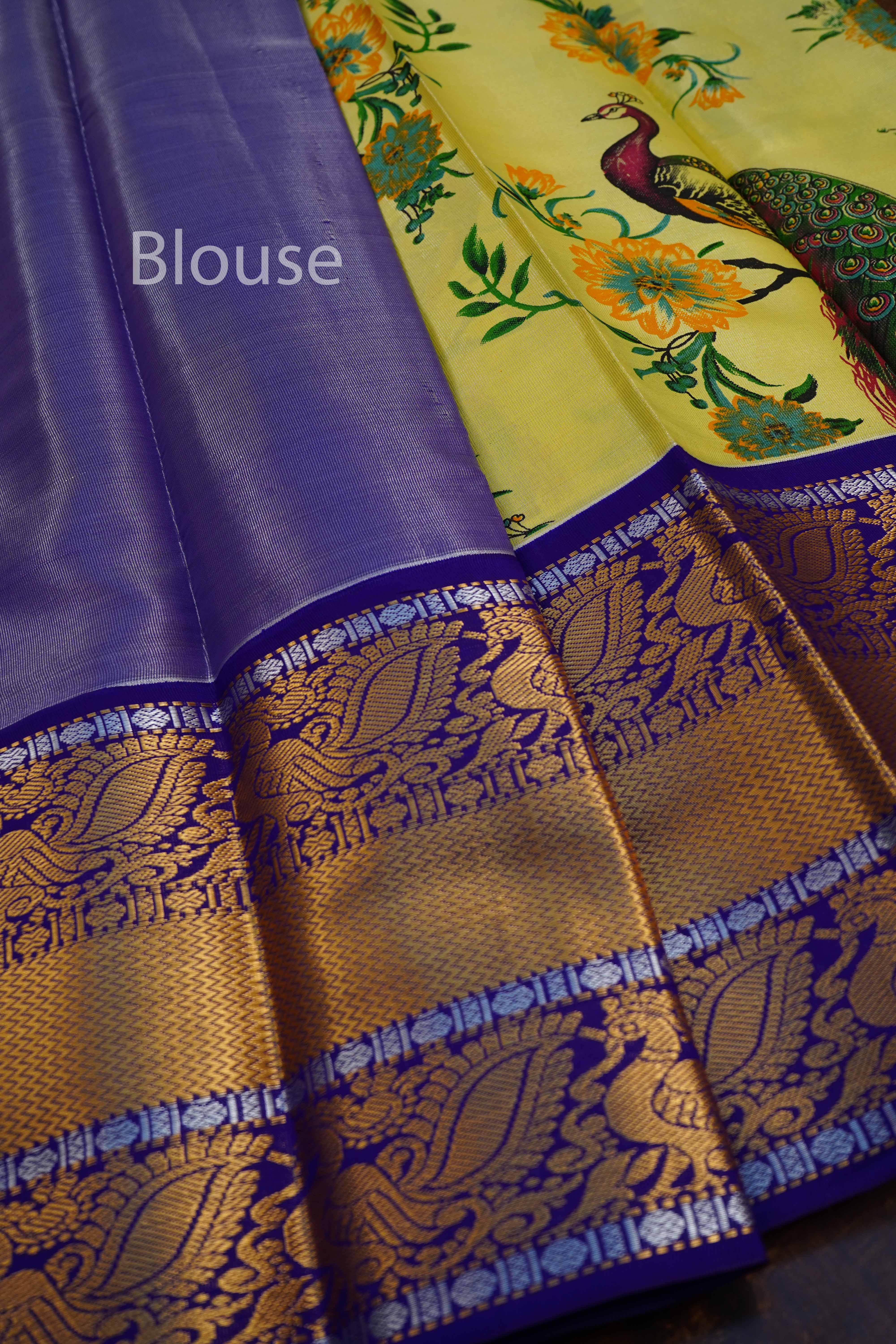 OLIVE YELLOW WITH DARK INDIGO MANGALGIRI TISSUE SAREE - Queens Jewel Emporium
