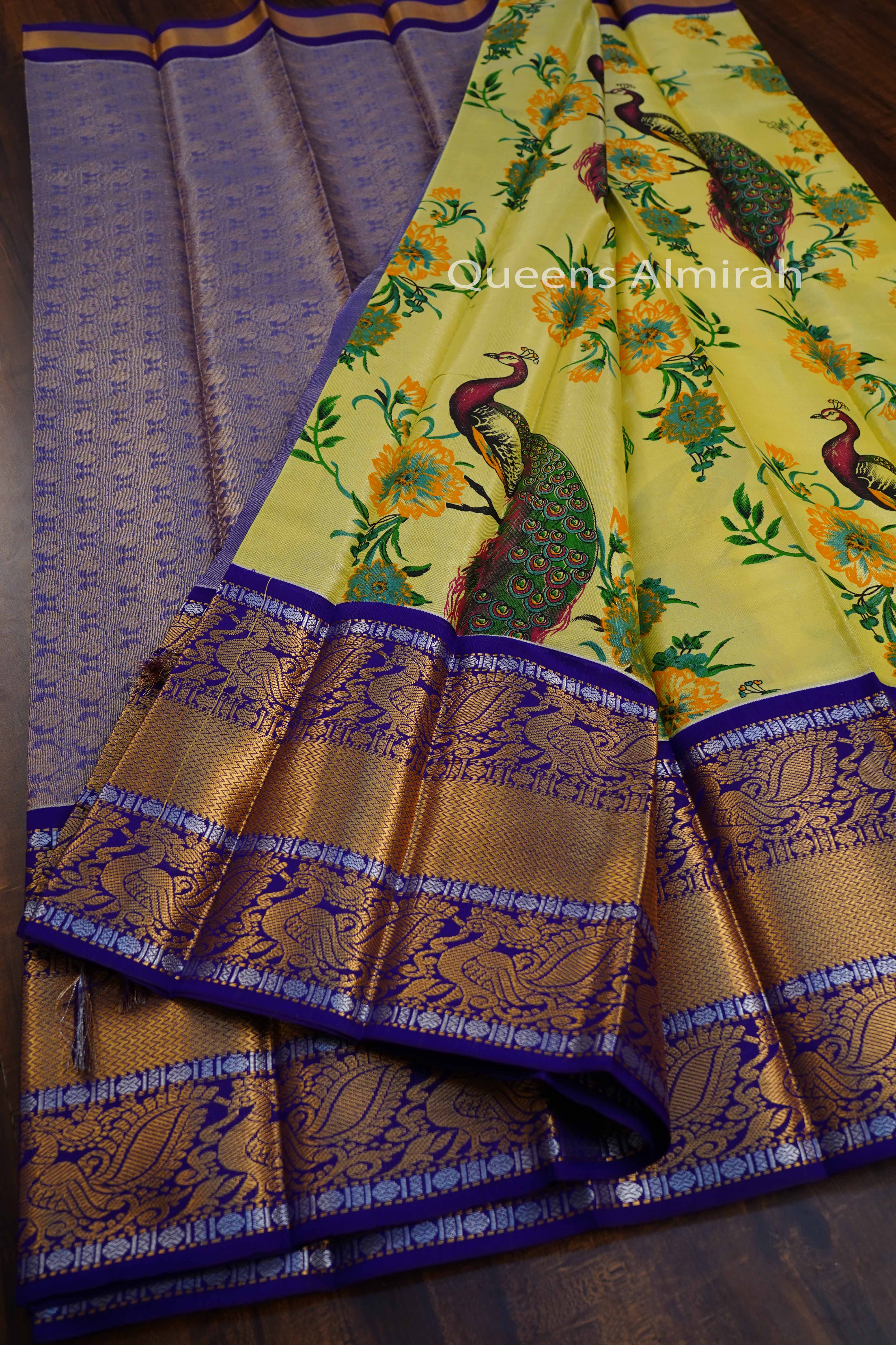 OLIVE YELLOW WITH DARK INDIGO MANGALGIRI TISSUE SAREE - Queens Jewel Emporium