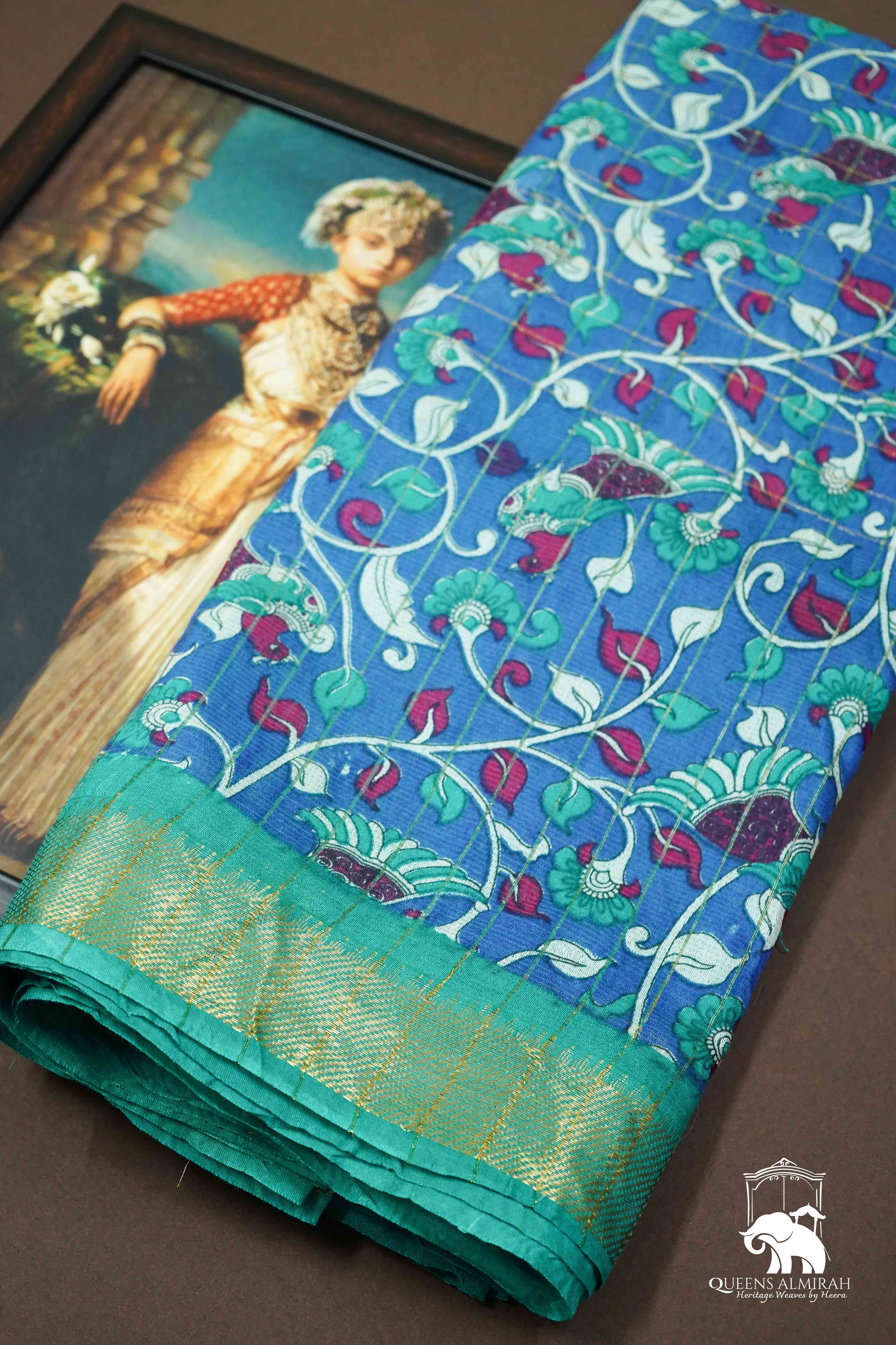 OLIVE YELLOW WITH SILK BLUE KALAMKARI BORDER MANGALGIRI SAREE - Queens Jewel Emporium