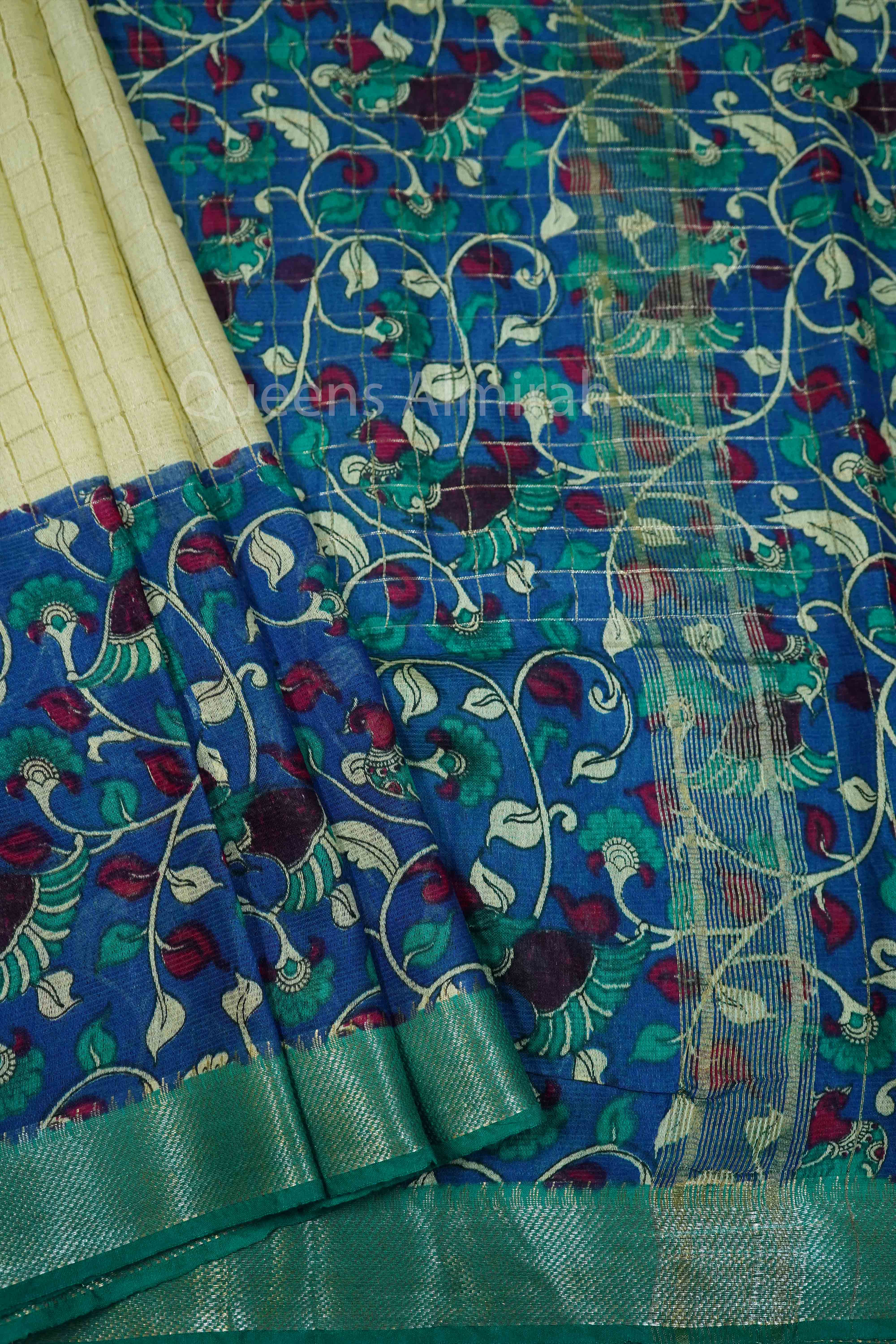 OLIVE YELLOW WITH SILK BLUE KALAMKARI BORDER MANGALGIRI SAREE - Queens Jewel Emporium