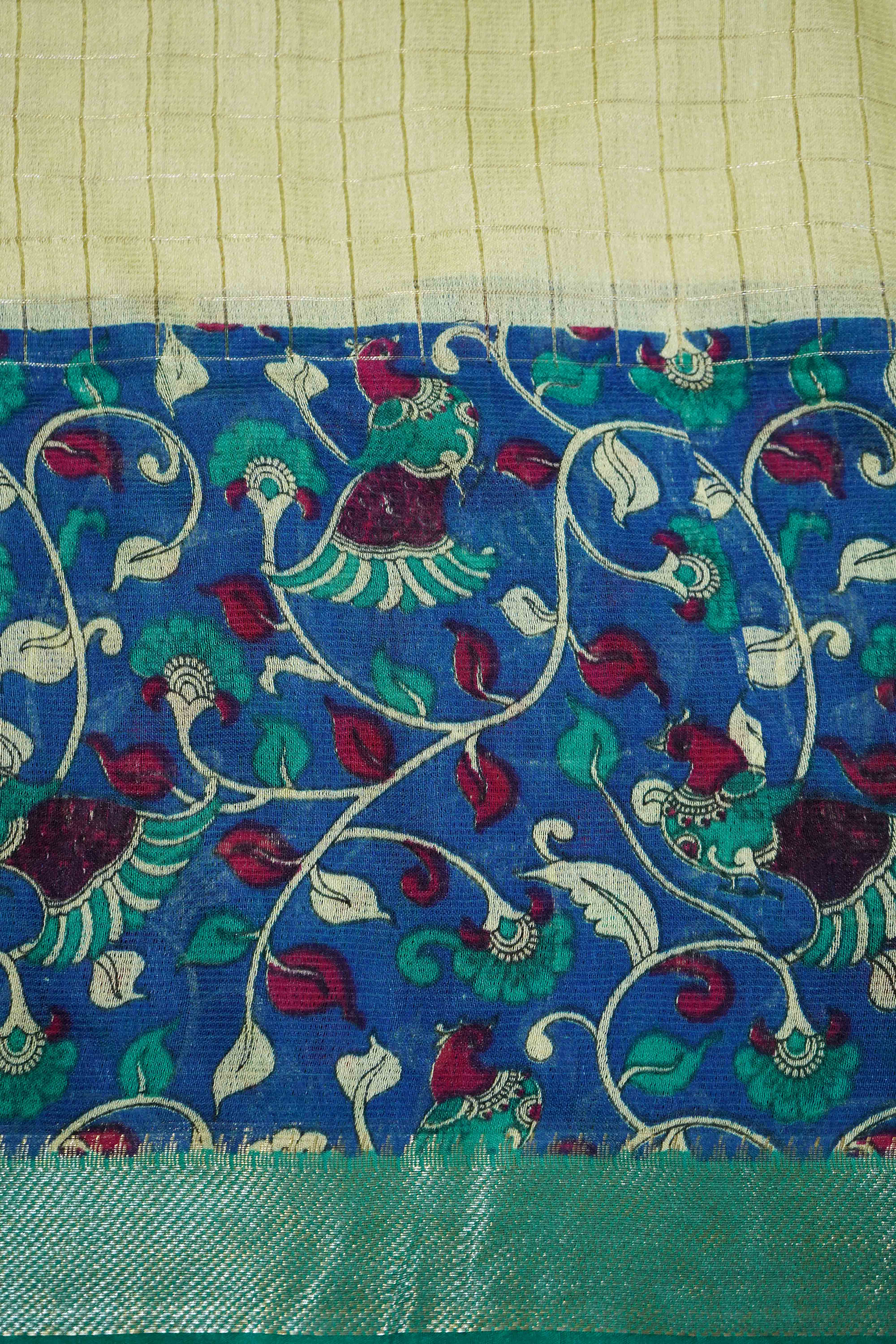 OLIVE YELLOW WITH SILK BLUE KALAMKARI BORDER MANGALGIRI SAREE - Queens Jewel Emporium