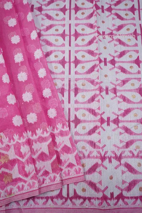 OYSTER PINK  JAMDANI COTTON SAREE - Queens Jewel Emporium