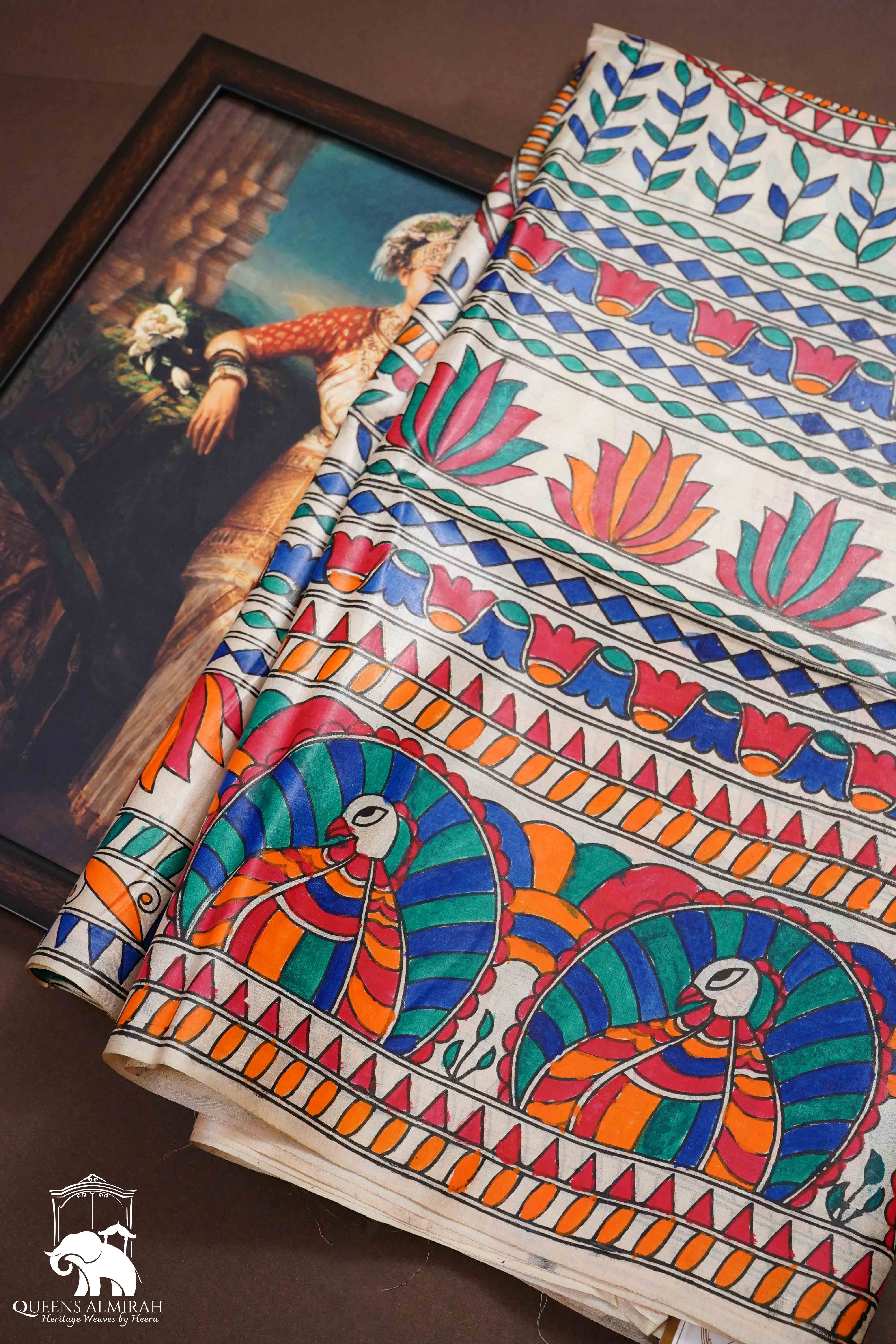 OFF WHITE MADHUBANI HAND PAINTED PURE TUSSAR SILK SAREE 12 - Queens Jewel Emporium