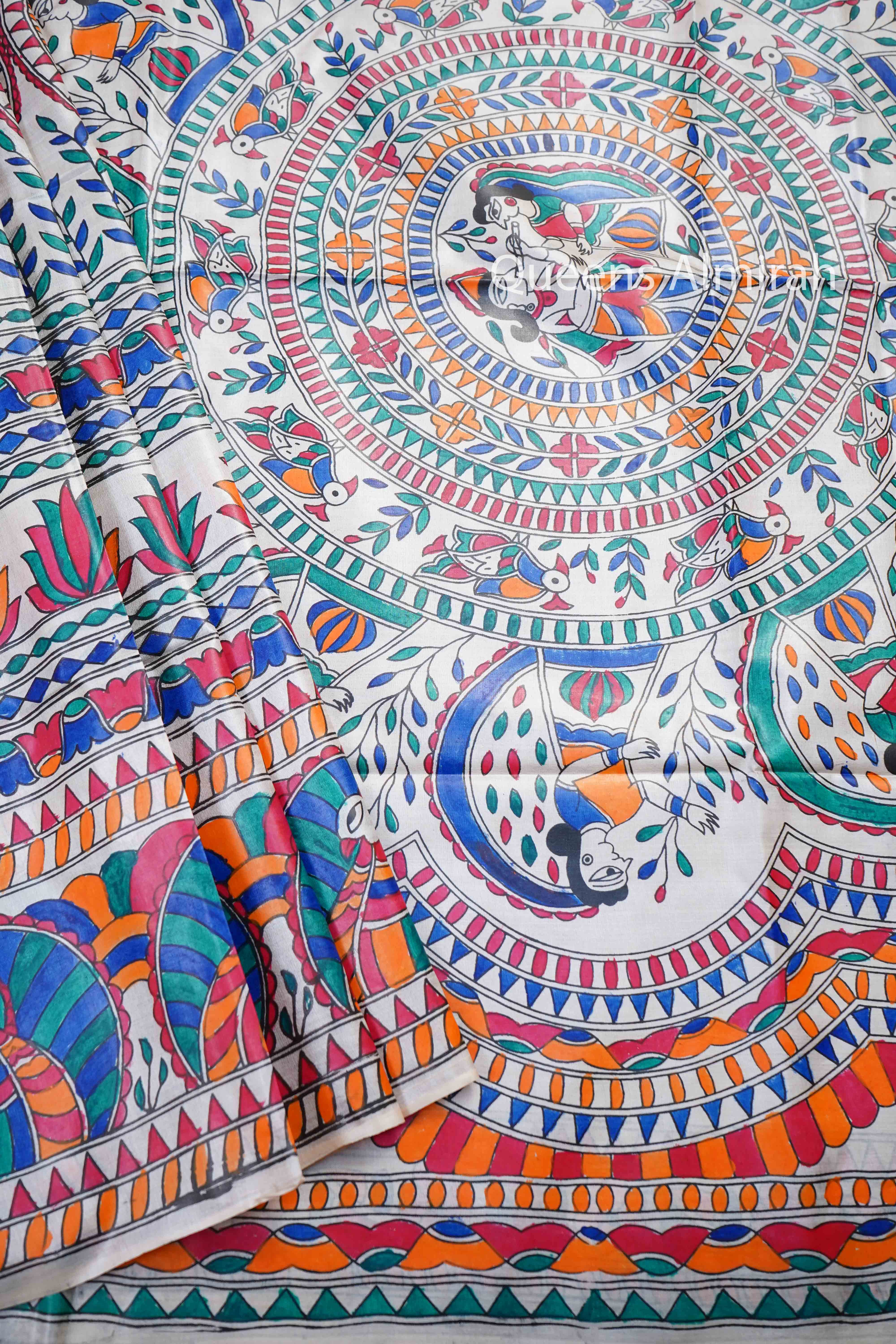 OFF WHITE MADHUBANI HAND PAINTED PURE TUSSAR SILK SAREE 12 - Queens Jewel Emporium