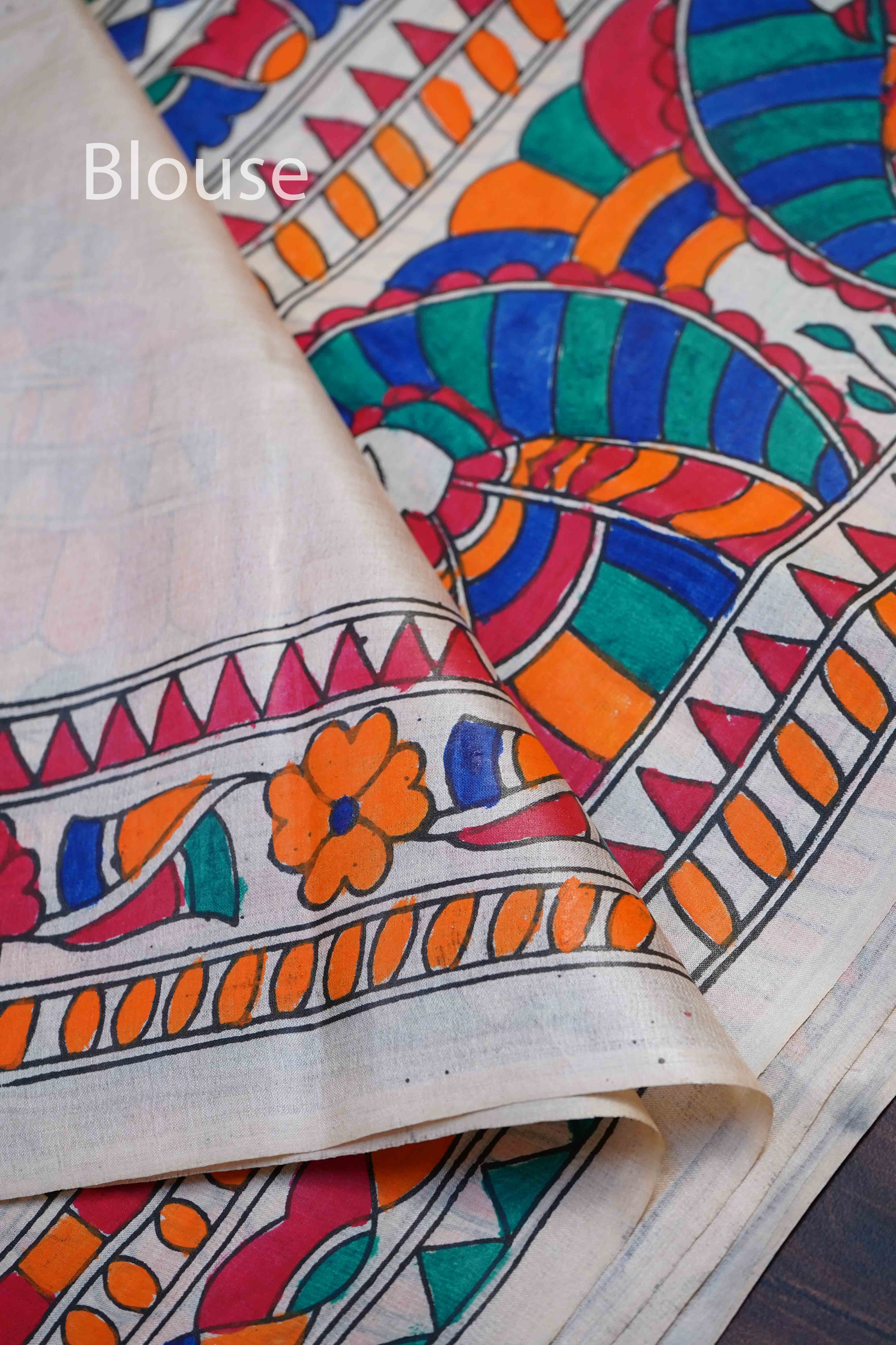 OFF WHITE MADHUBANI HAND PAINTED PURE TUSSAR SILK SAREE 12 - Queens Jewel Emporium
