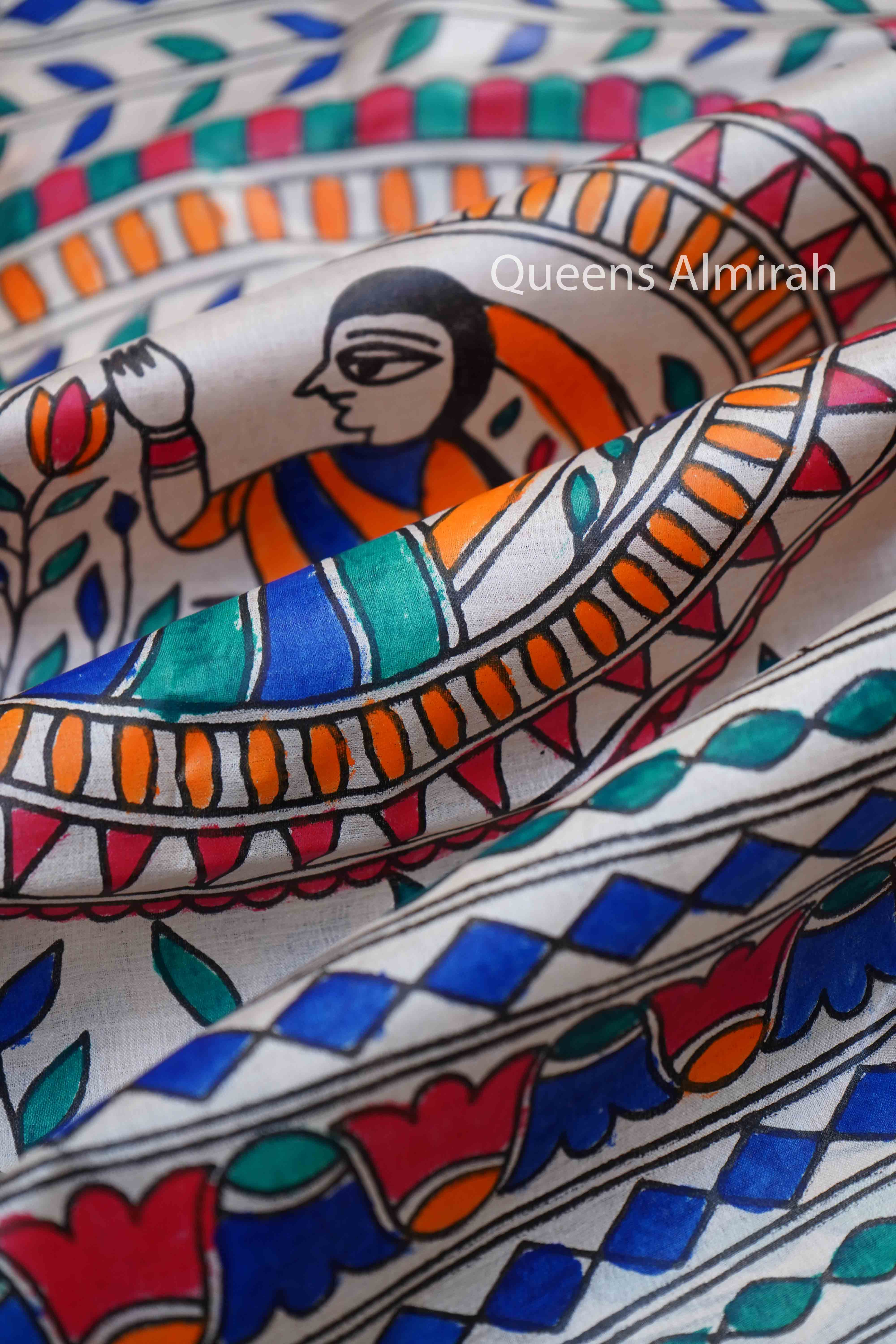 OFF WHITE MADHUBANI HAND PAINTED PURE TUSSAR SILK SAREE 12 - Queens Jewel Emporium