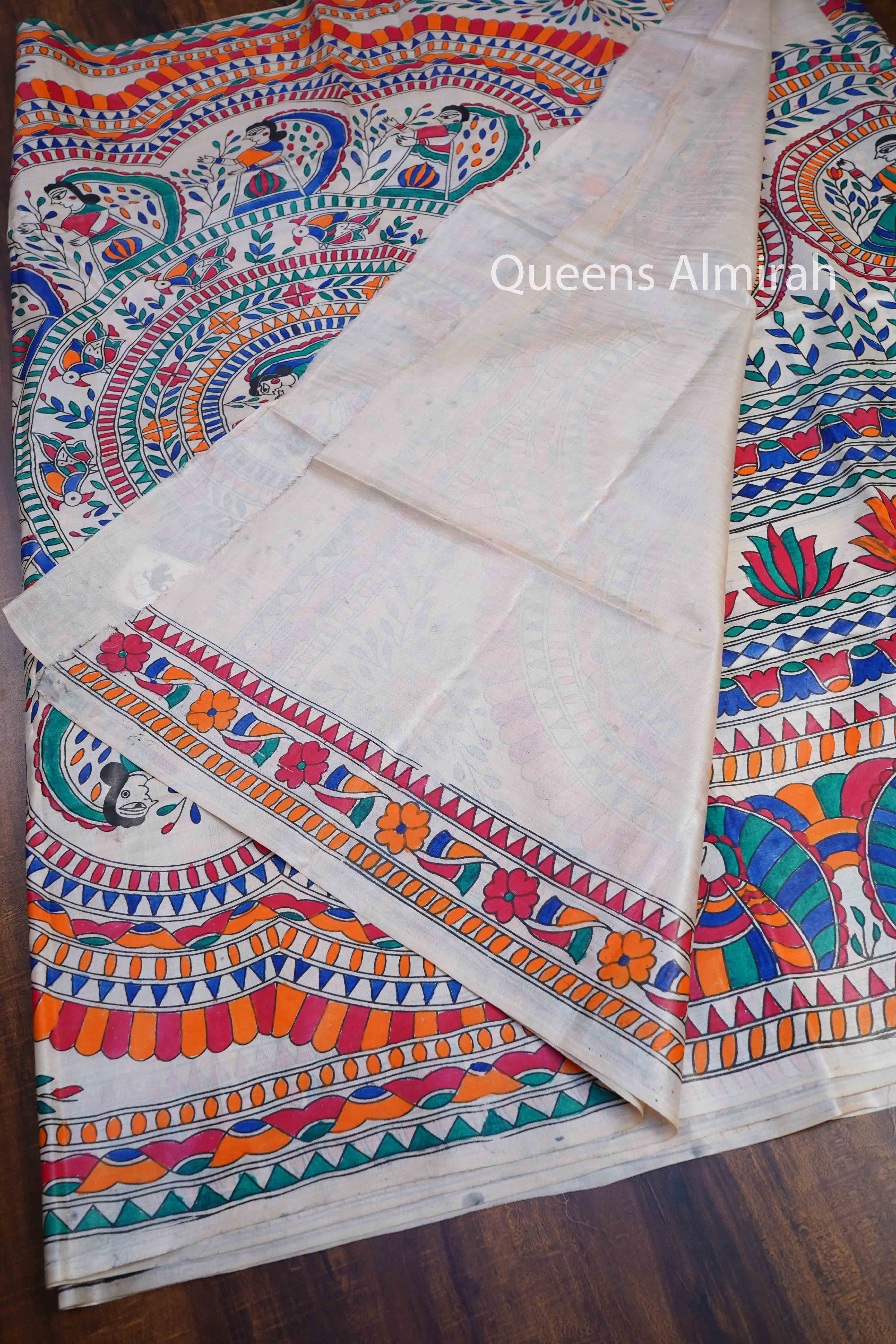 OFF WHITE MADHUBANI HAND PAINTED PURE TUSSAR SILK SAREE 12 - Queens Jewel Emporium