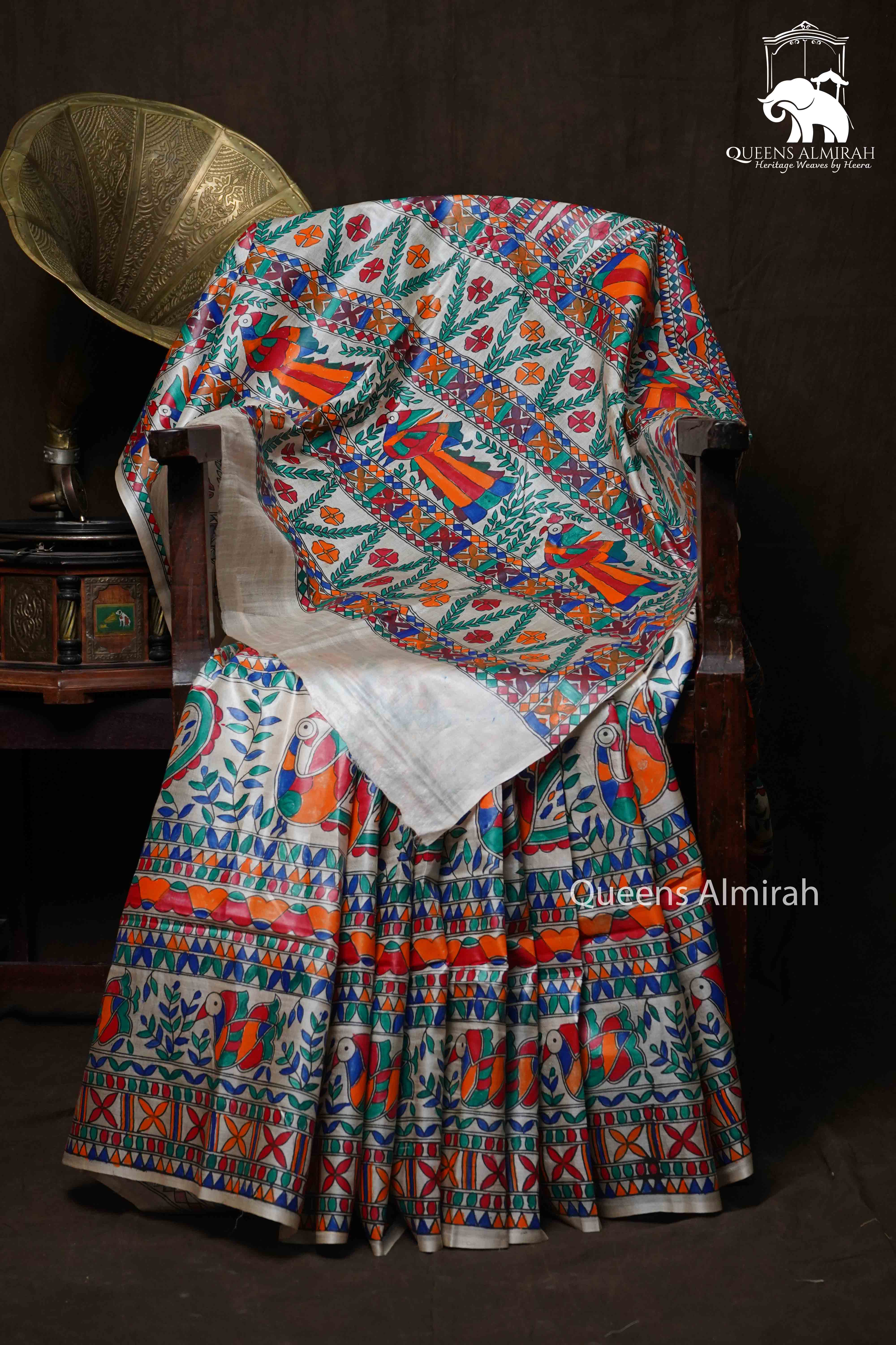 OFF WHITE MADHUBANI HAND PAINTED PURE TUSSAR SILK SAREE 6 - Queens Jewel Emporium