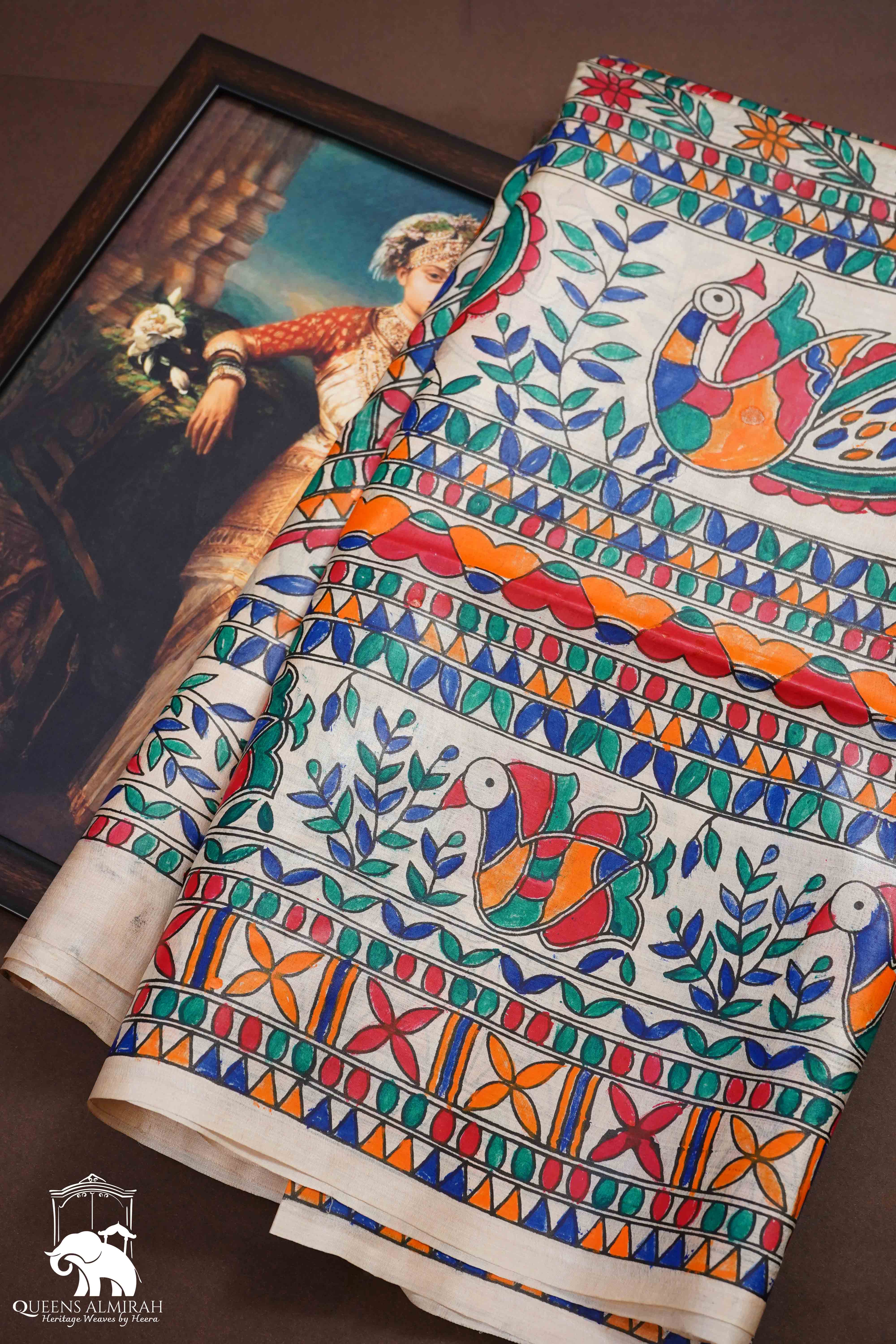 OFF WHITE MADHUBANI HAND PAINTED PURE TUSSAR SILK SAREE 6 - Queens Jewel Emporium