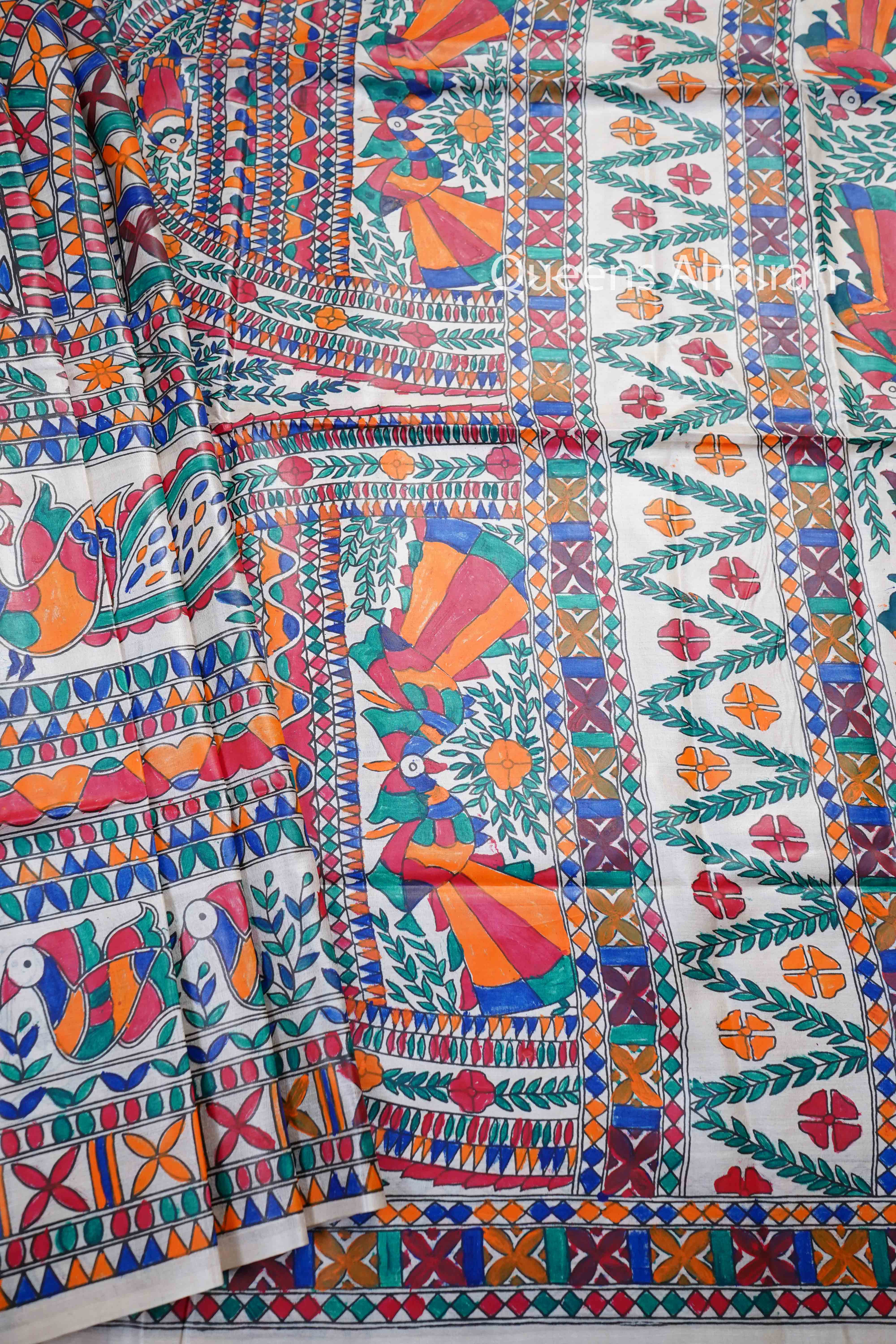 OFF WHITE MADHUBANI HAND PAINTED PURE TUSSAR SILK SAREE 6 - Queens Jewel Emporium