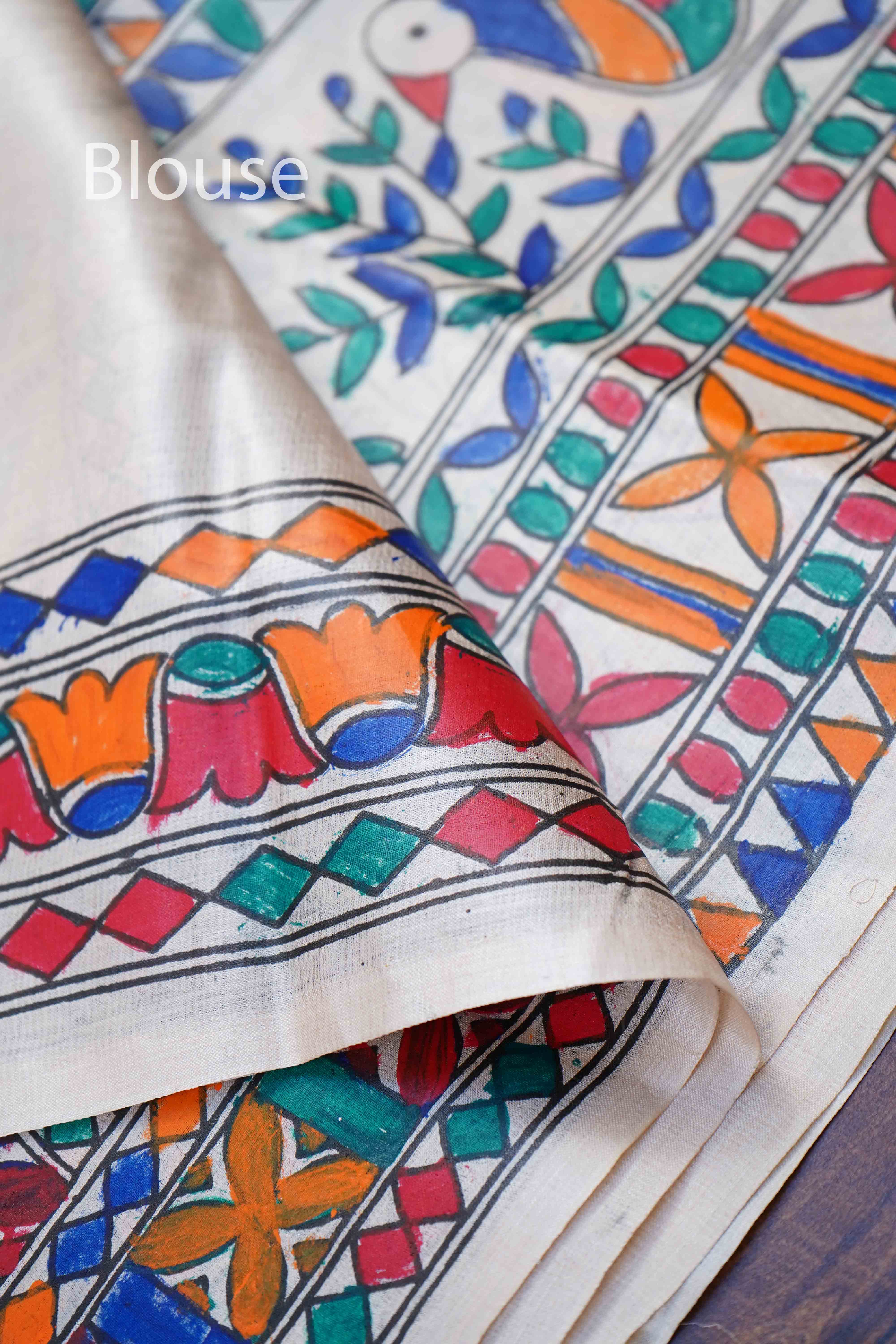 OFF WHITE MADHUBANI HAND PAINTED PURE TUSSAR SILK SAREE 6 - Queens Jewel Emporium