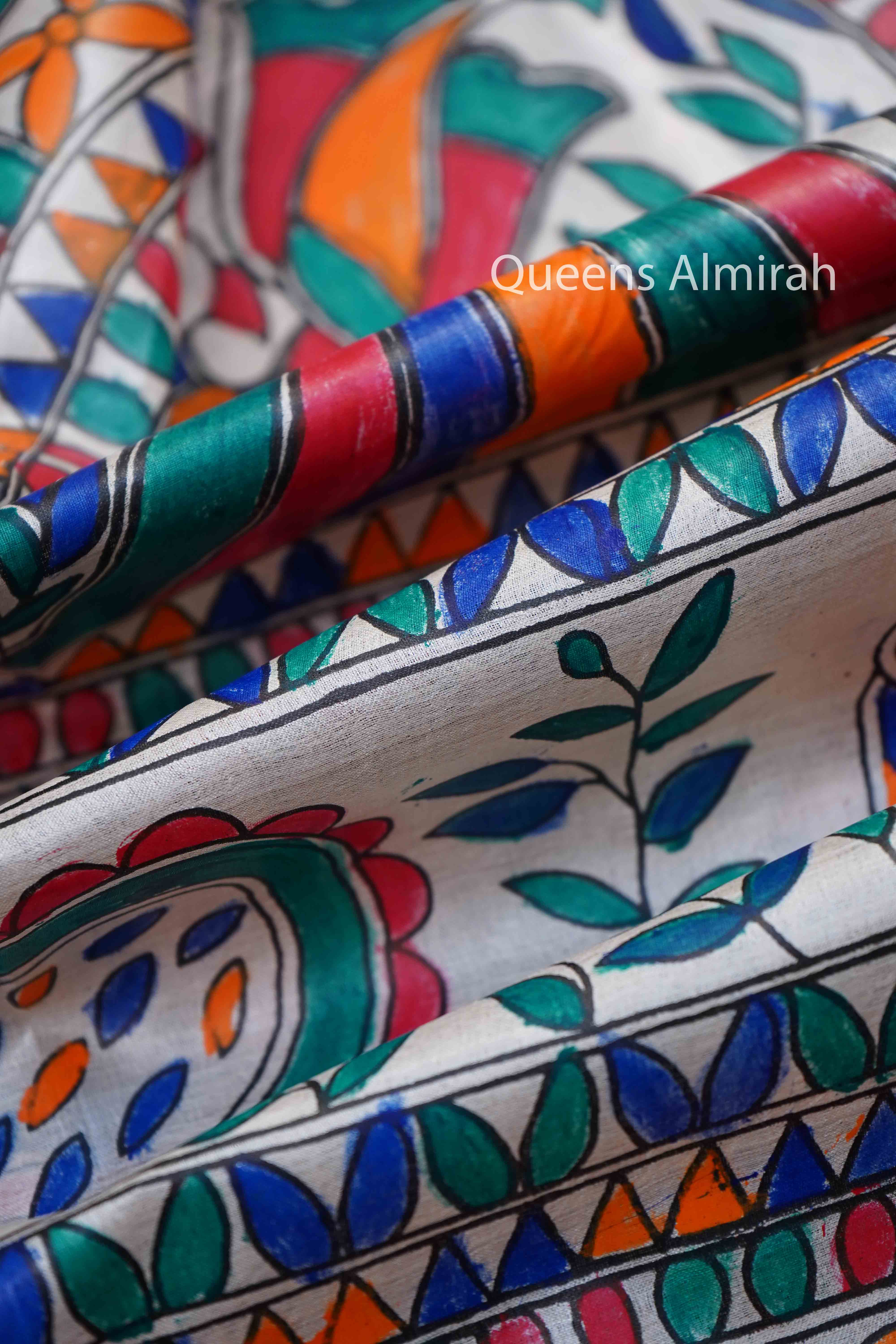 OFF WHITE MADHUBANI HAND PAINTED PURE TUSSAR SILK SAREE 6 - Queens Jewel Emporium