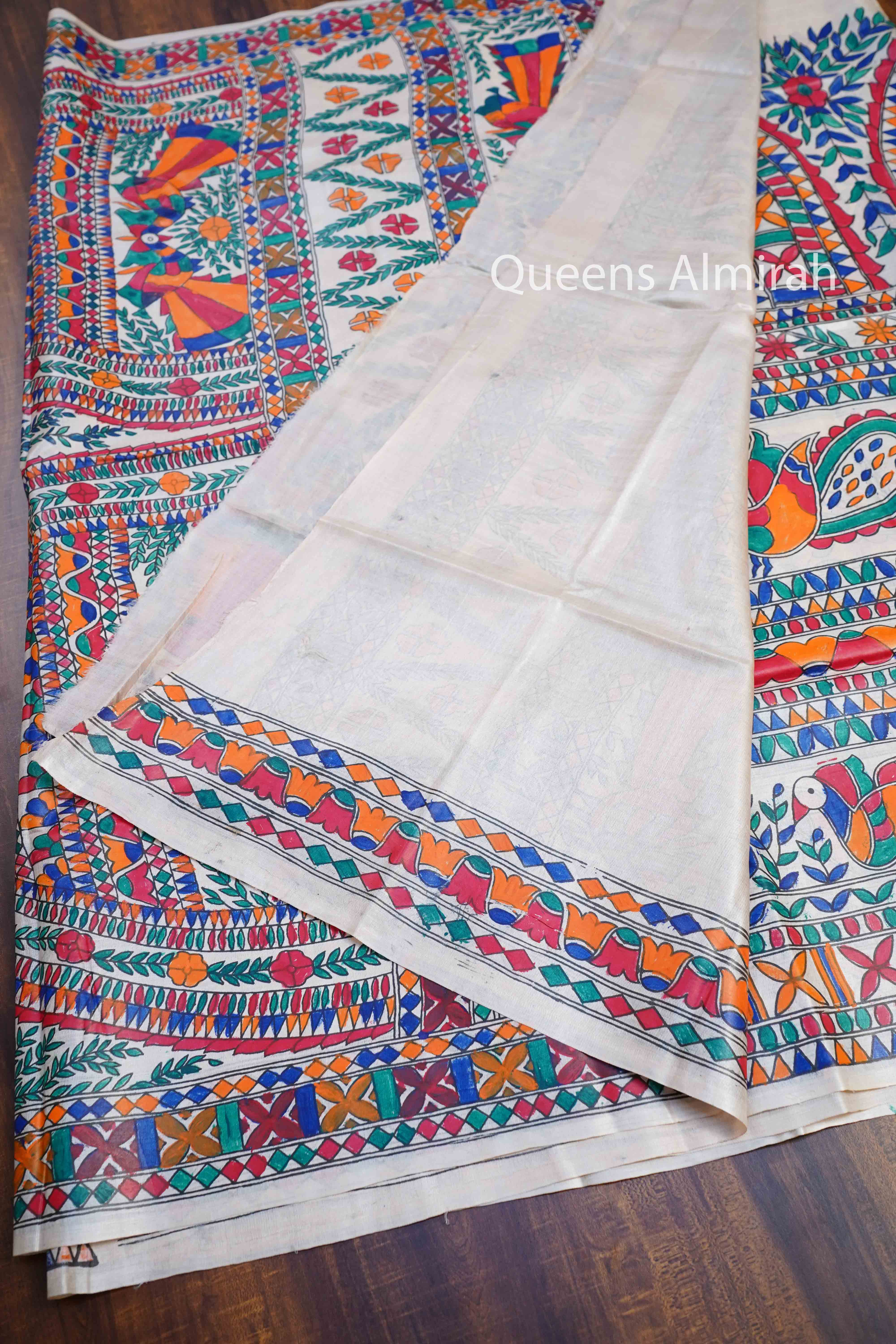 OFF WHITE MADHUBANI HAND PAINTED PURE TUSSAR SILK SAREE 6 - Queens Jewel Emporium