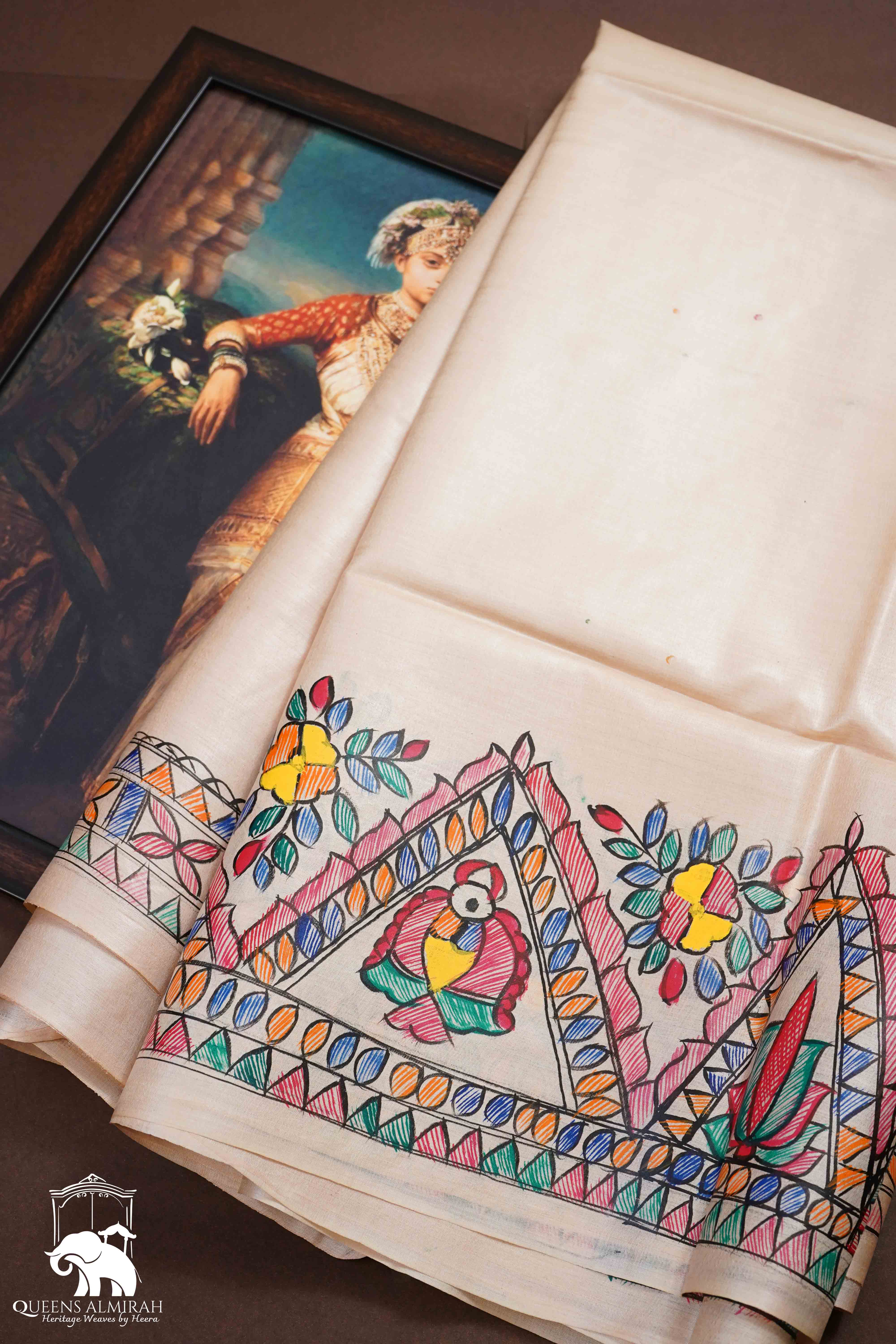 OFF WHITE MADHUBANI HAND PAINTED PURE TUSSAR SILK SAREE 7 - Queens Jewel Emporium
