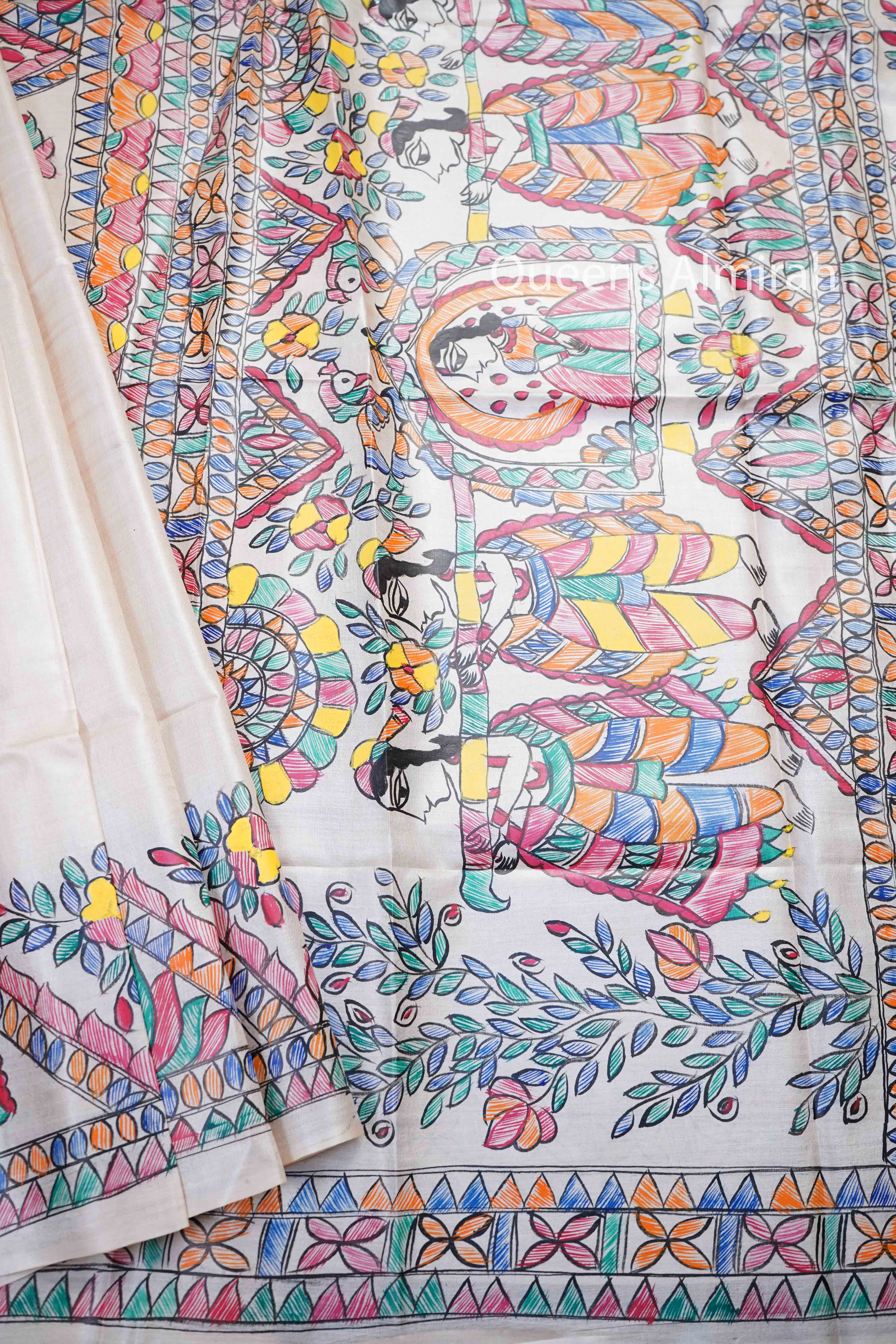 OFF WHITE MADHUBANI HAND PAINTED PURE TUSSAR SILK SAREE 7 - Queens Jewel Emporium