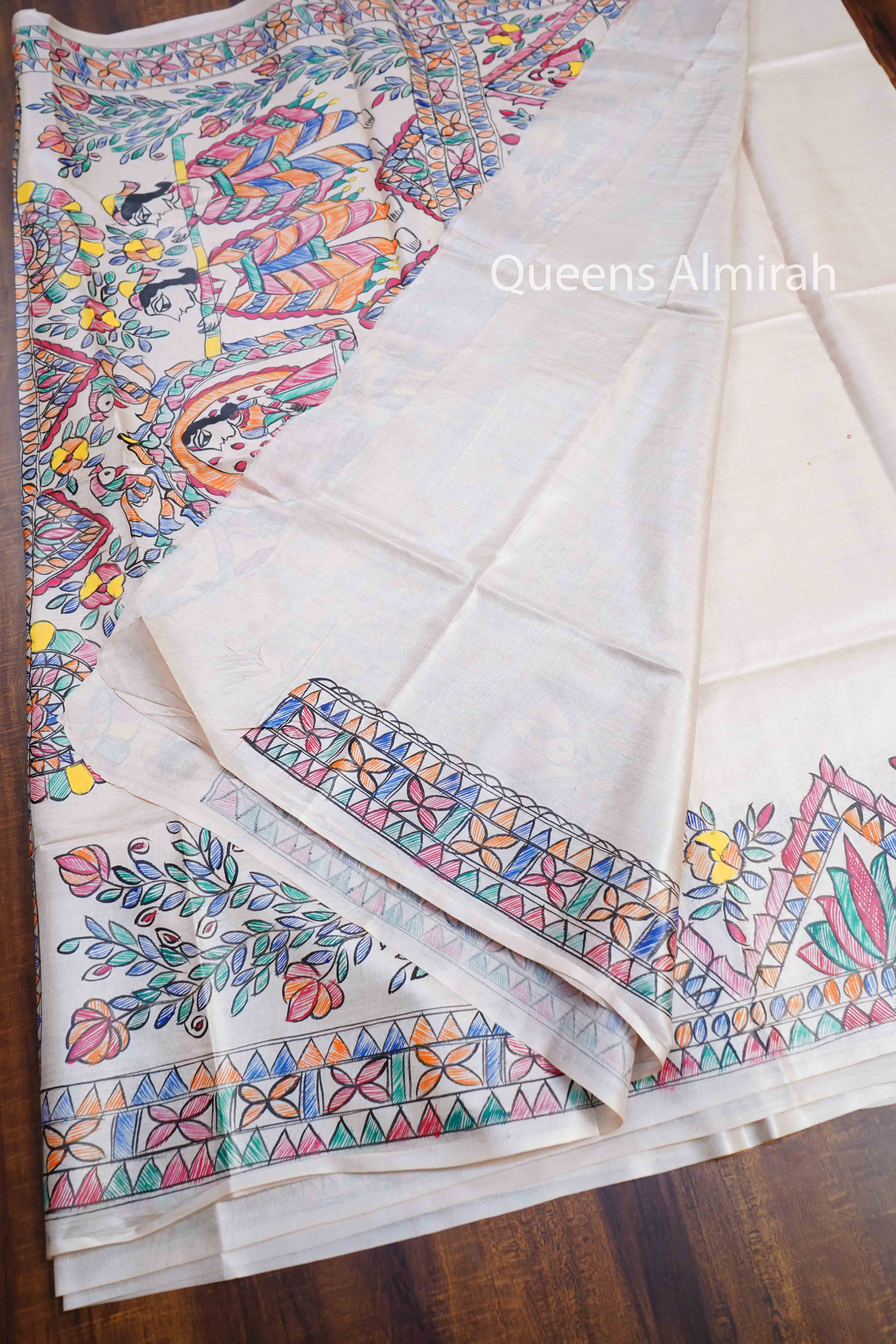 OFF WHITE MADHUBANI HAND PAINTED PURE TUSSAR SILK SAREE 7 - Queens Jewel Emporium