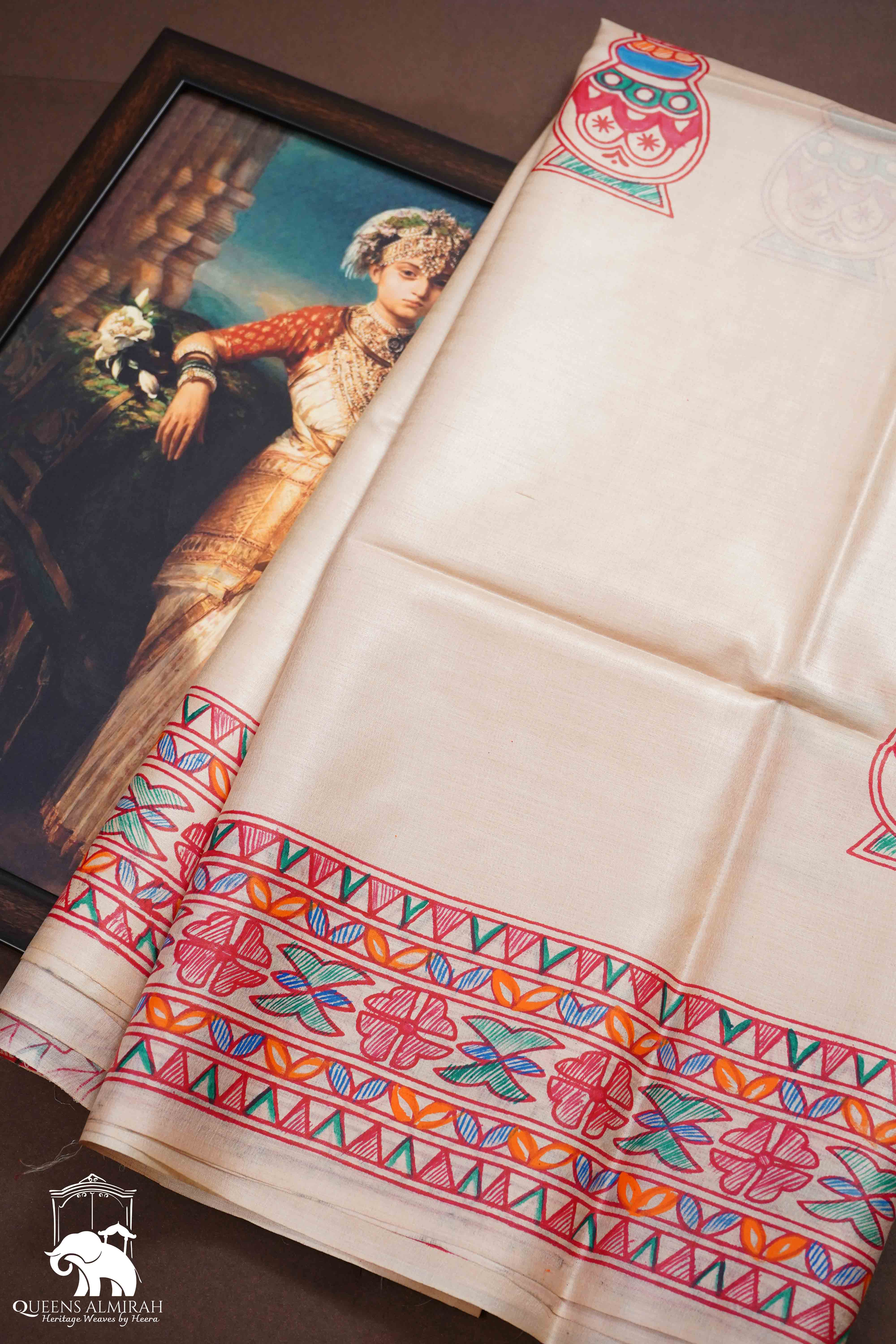 OFF WHITE MADHUBANI HAND PAINTED PURE TUSSAR SILK SAREE 15 - Queens Jewel Emporium
