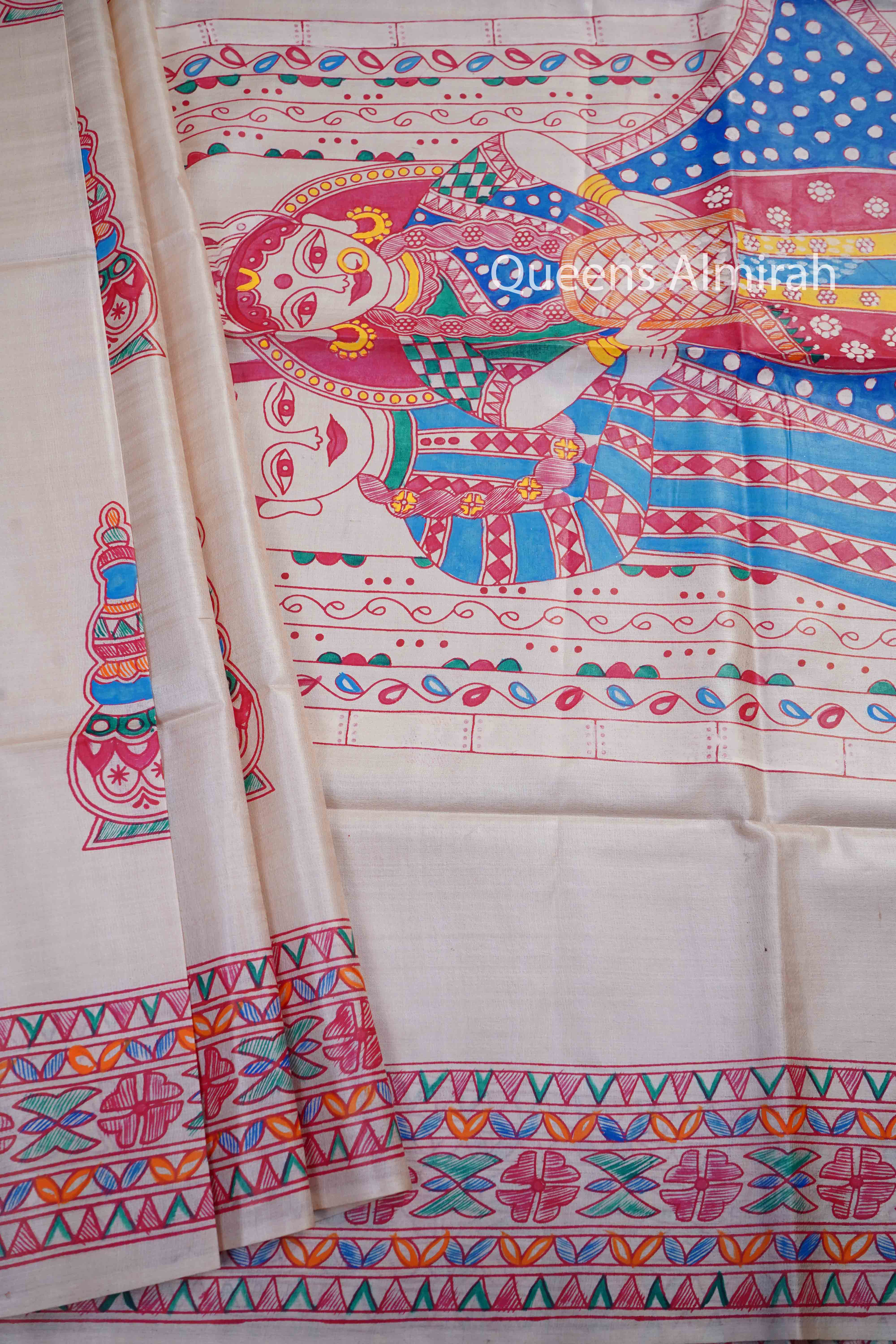 OFF WHITE MADHUBANI HAND PAINTED PURE TUSSAR SILK SAREE 15 - Queens Jewel Emporium