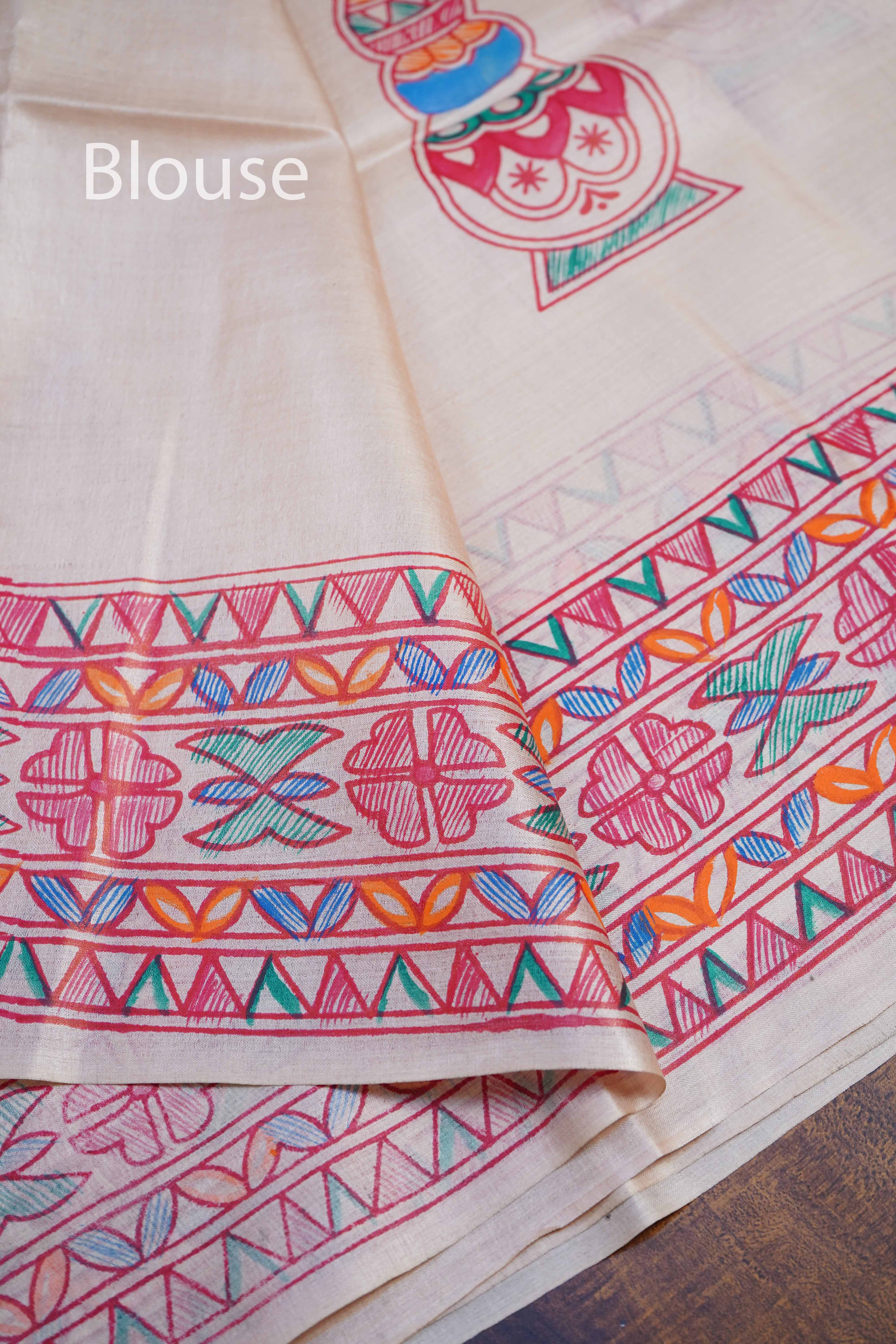 OFF WHITE MADHUBANI HAND PAINTED PURE TUSSAR SILK SAREE 15 - Queens Jewel Emporium