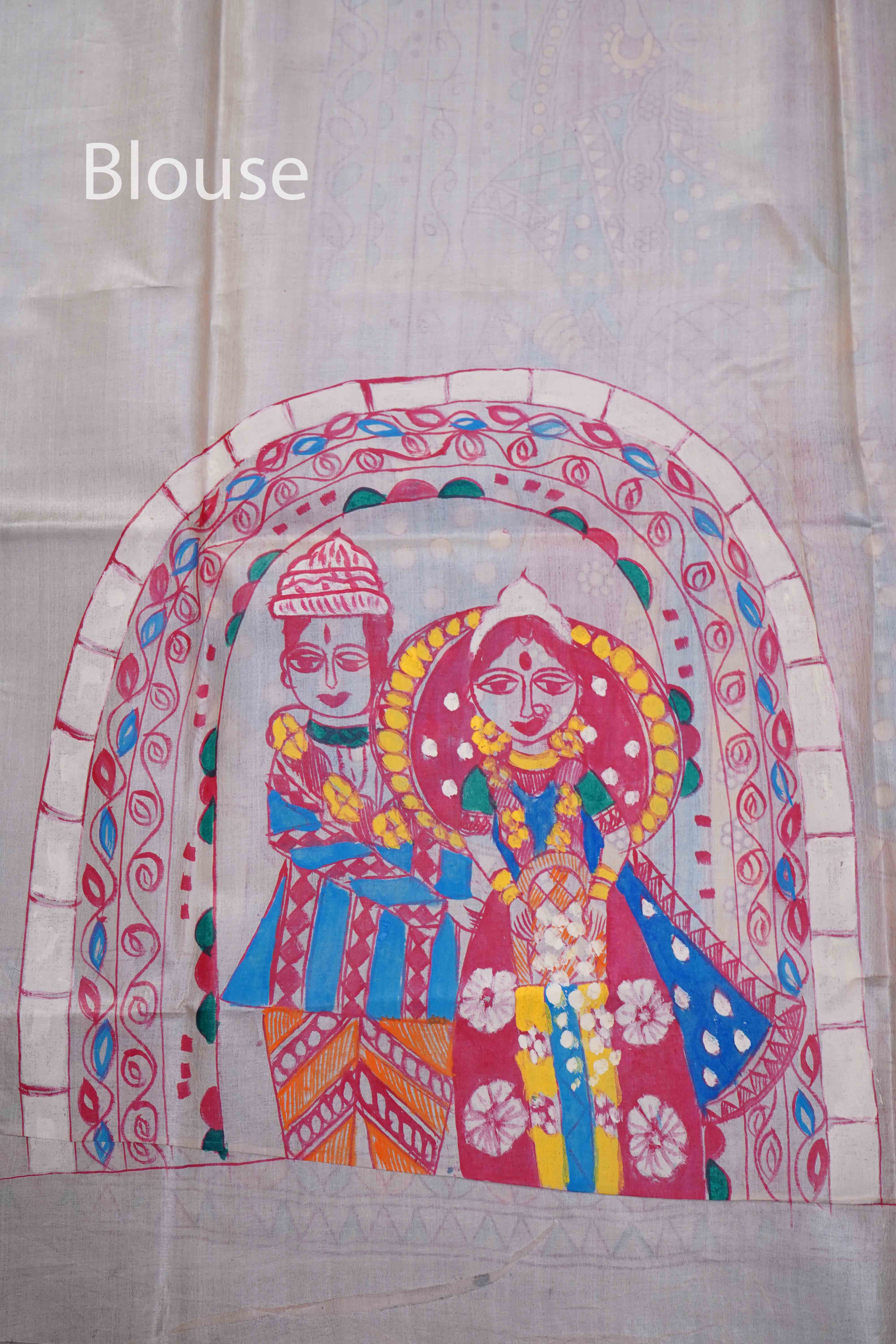 OFF WHITE MADHUBANI HAND PAINTED PURE TUSSAR SILK SAREE 15 - Queens Jewel Emporium