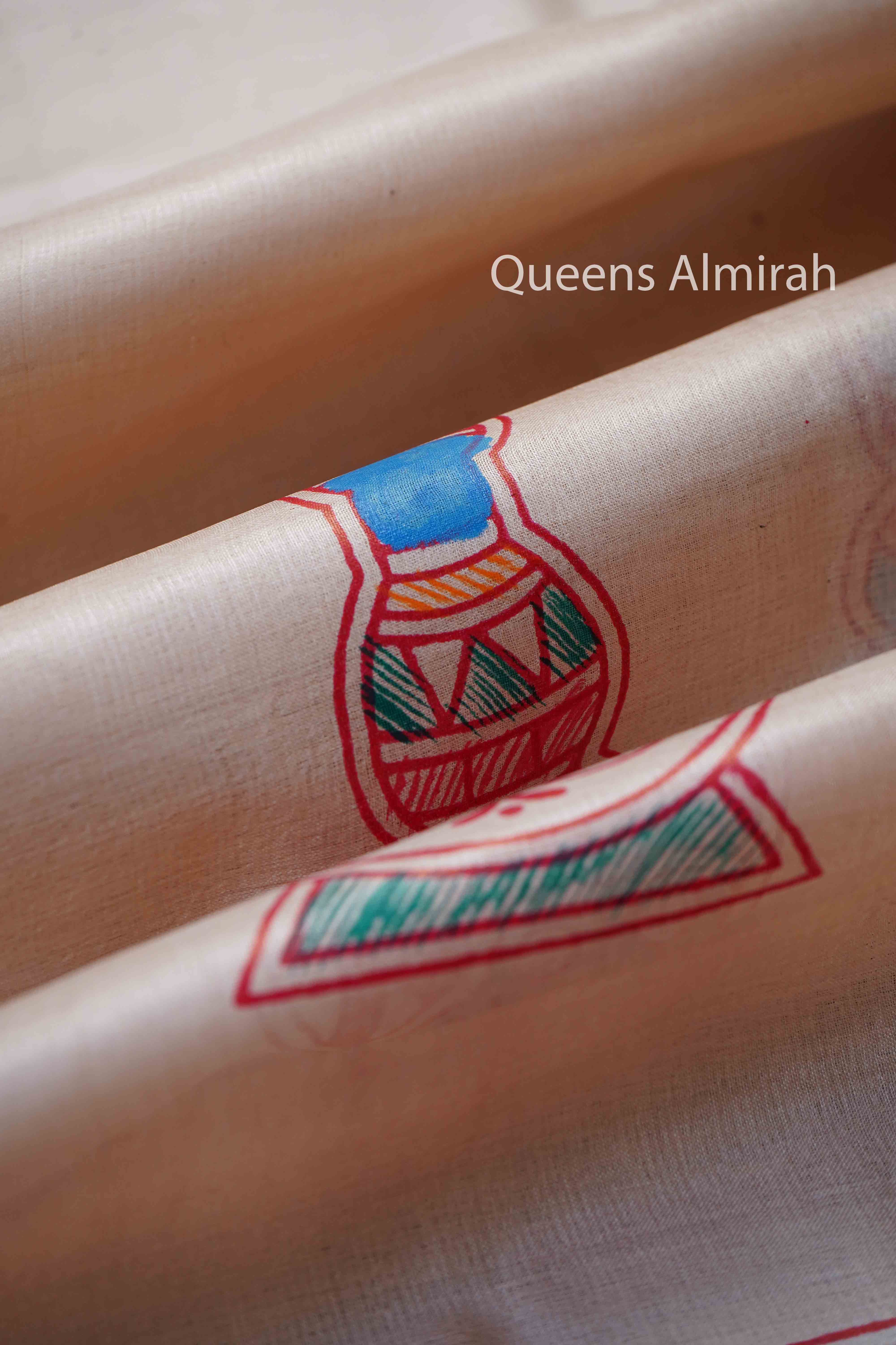 OFF WHITE MADHUBANI HAND PAINTED PURE TUSSAR SILK SAREE 15 - Queens Jewel Emporium