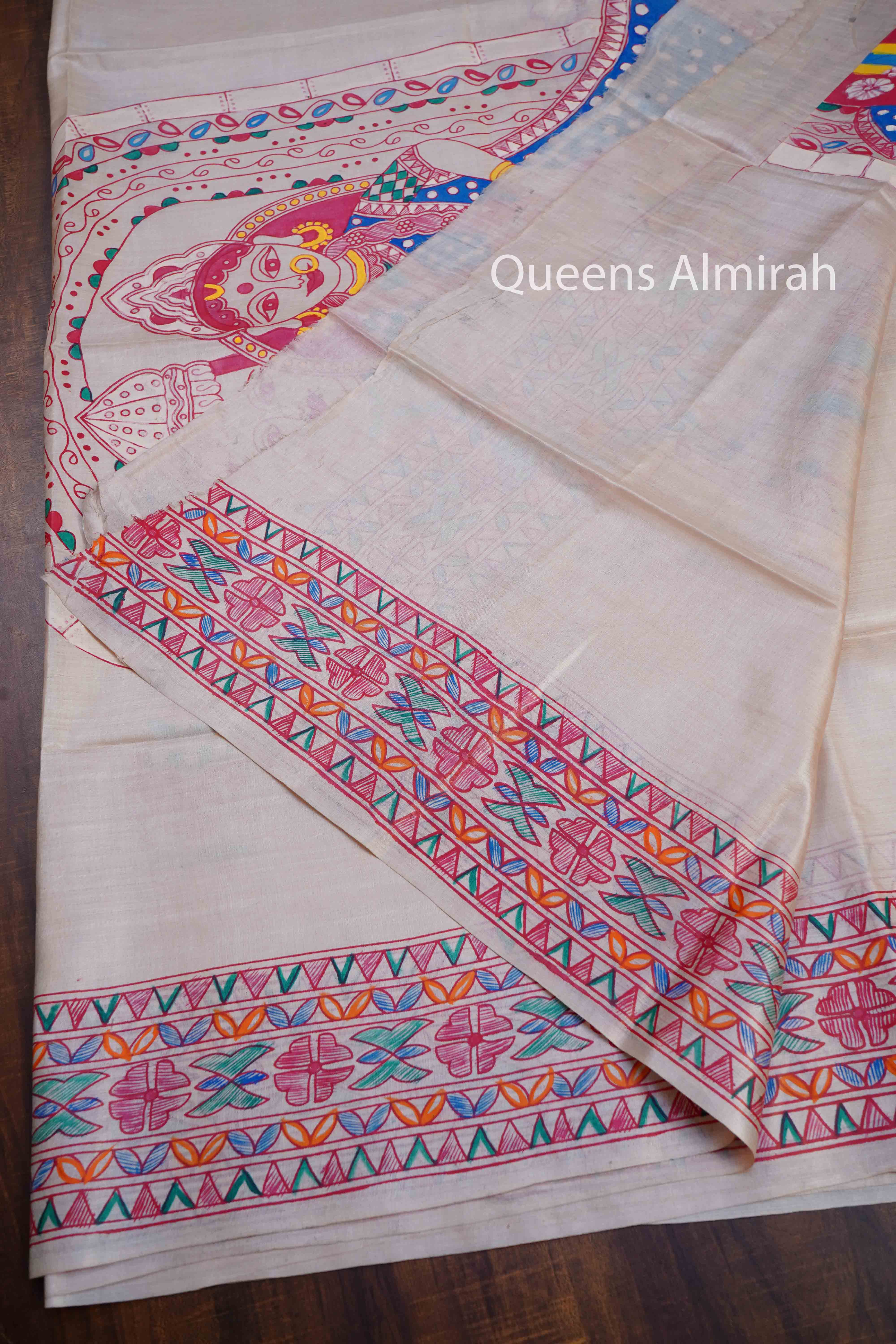 OFF WHITE MADHUBANI HAND PAINTED PURE TUSSAR SILK SAREE 15 - Queens Jewel Emporium
