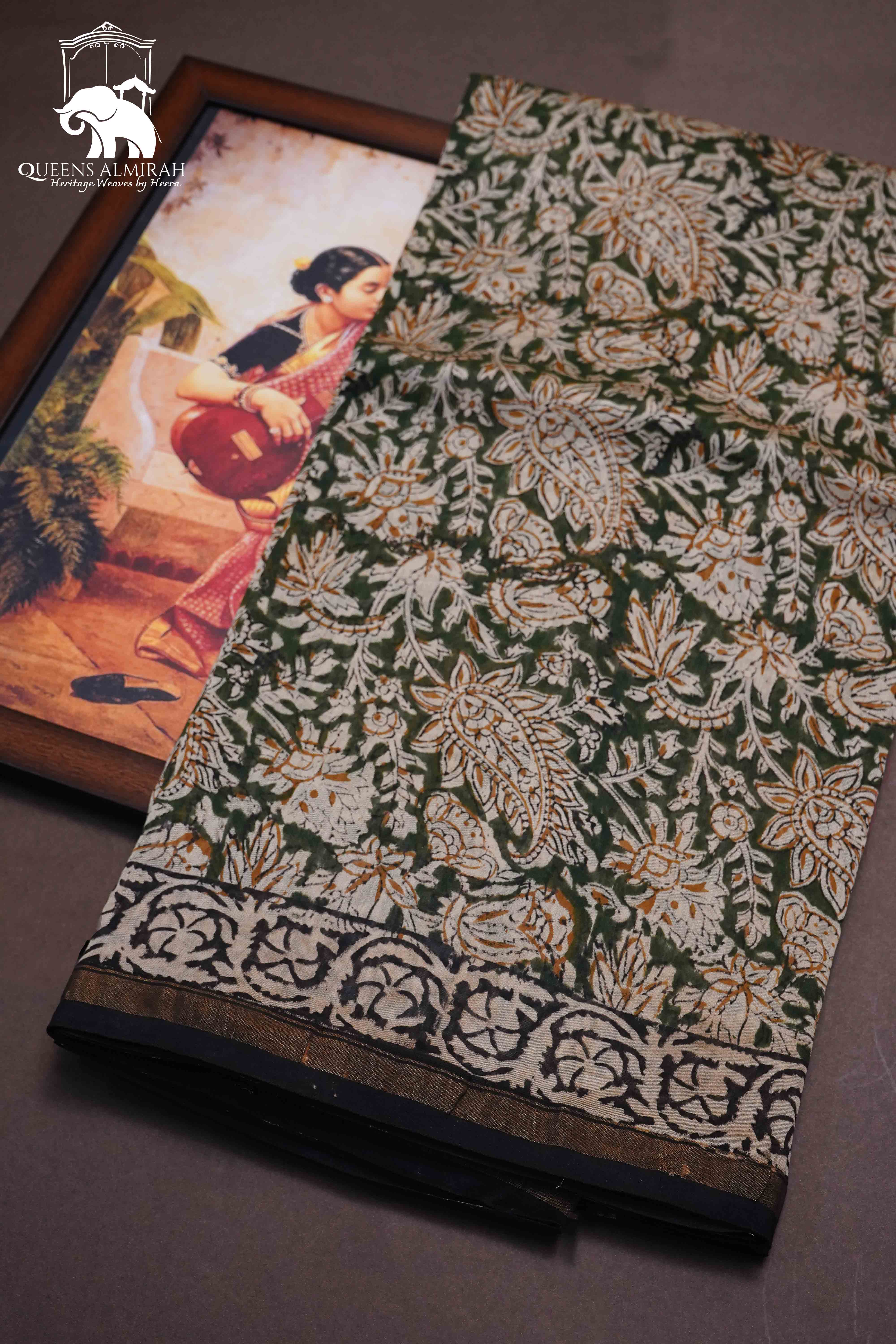 OFF WHITE WITH LUNER GREEN HAND BLOCKED CHANDERI SILK COTTON SAREE - Queens Jewel Emporium