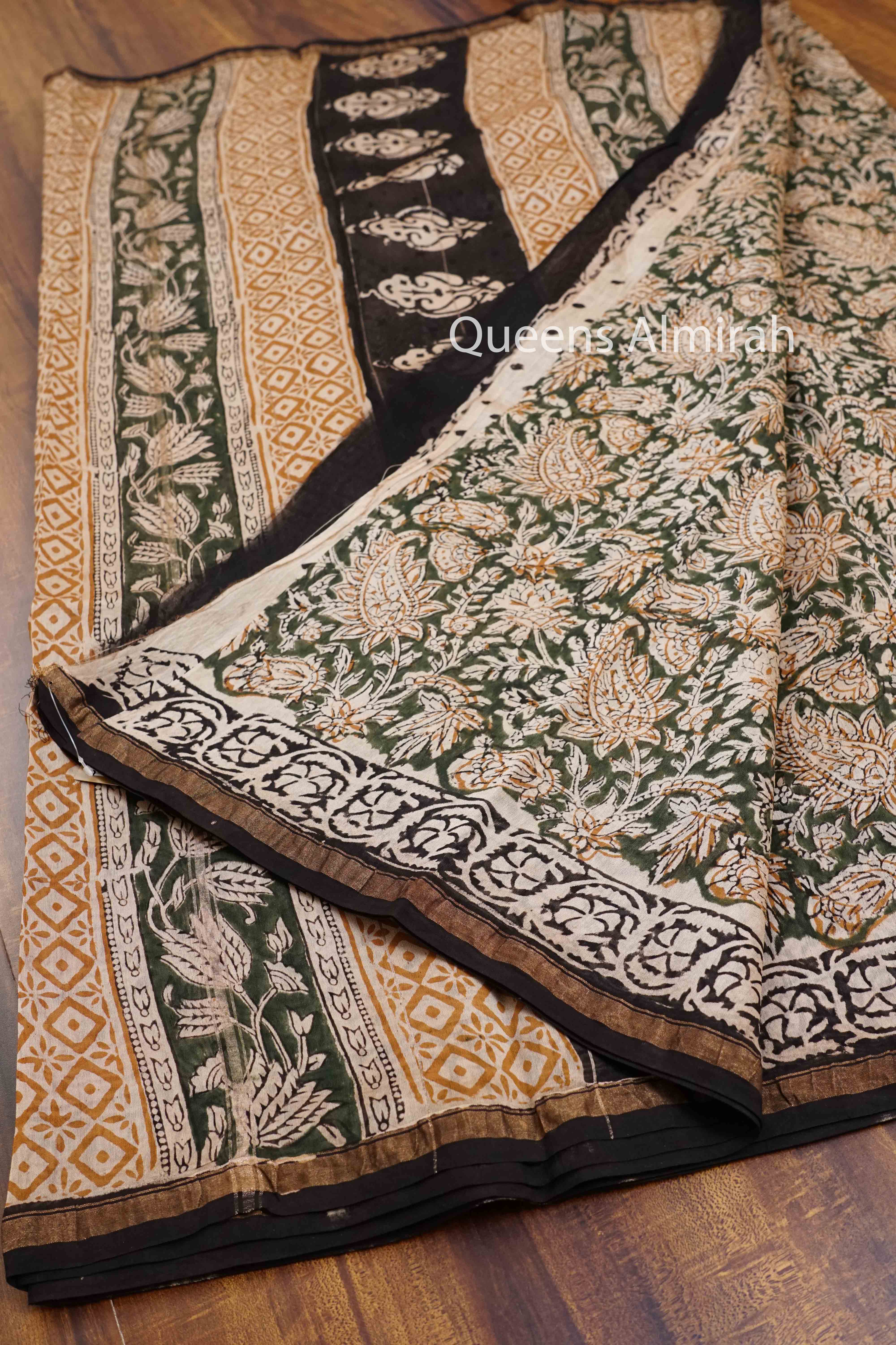 OFF WHITE WITH LUNER GREEN HAND BLOCKED CHANDERI SILK COTTON SAREE - Queens Jewel Emporium