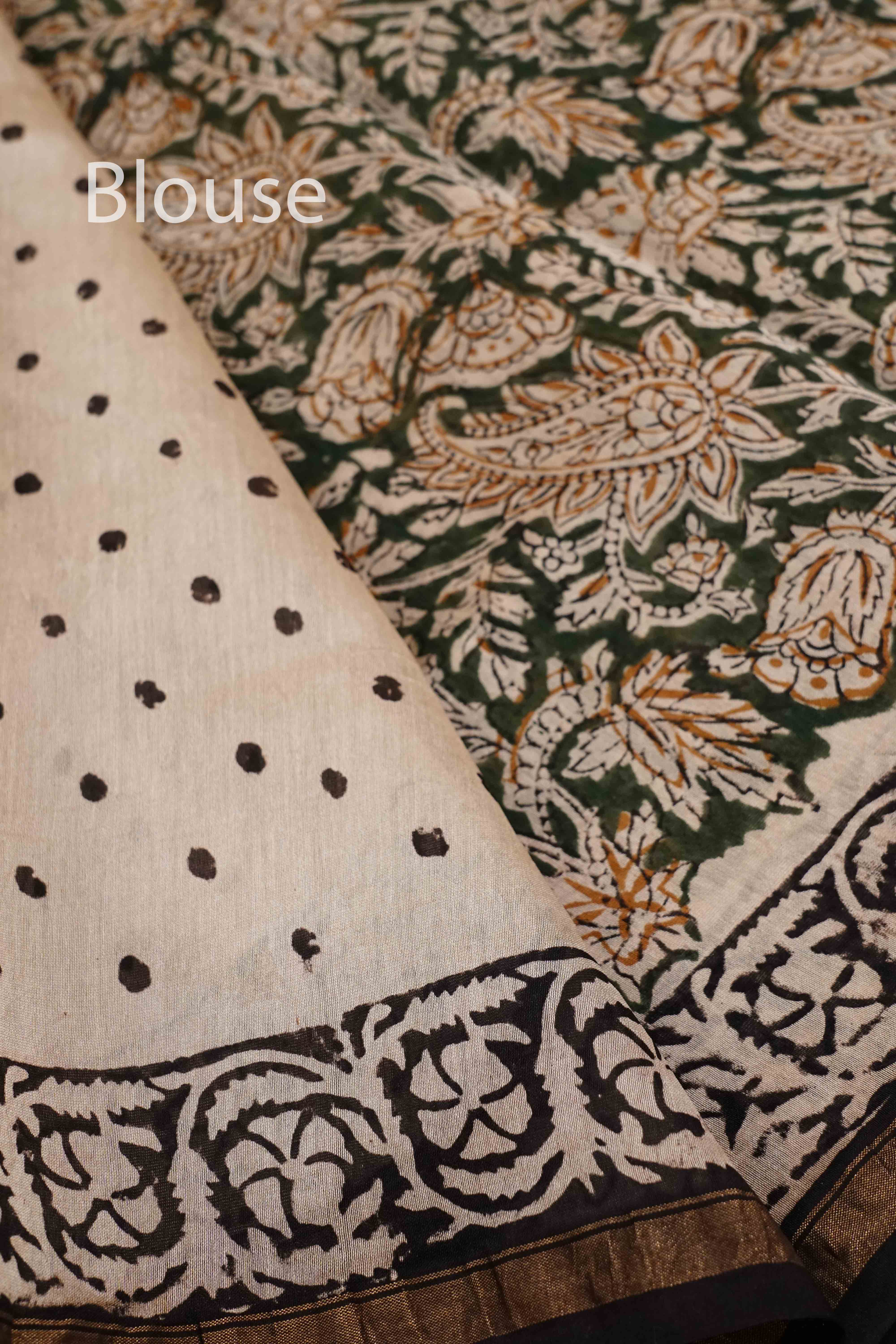 OFF WHITE WITH LUNER GREEN HAND BLOCKED CHANDERI SILK COTTON SAREE - Queens Jewel Emporium