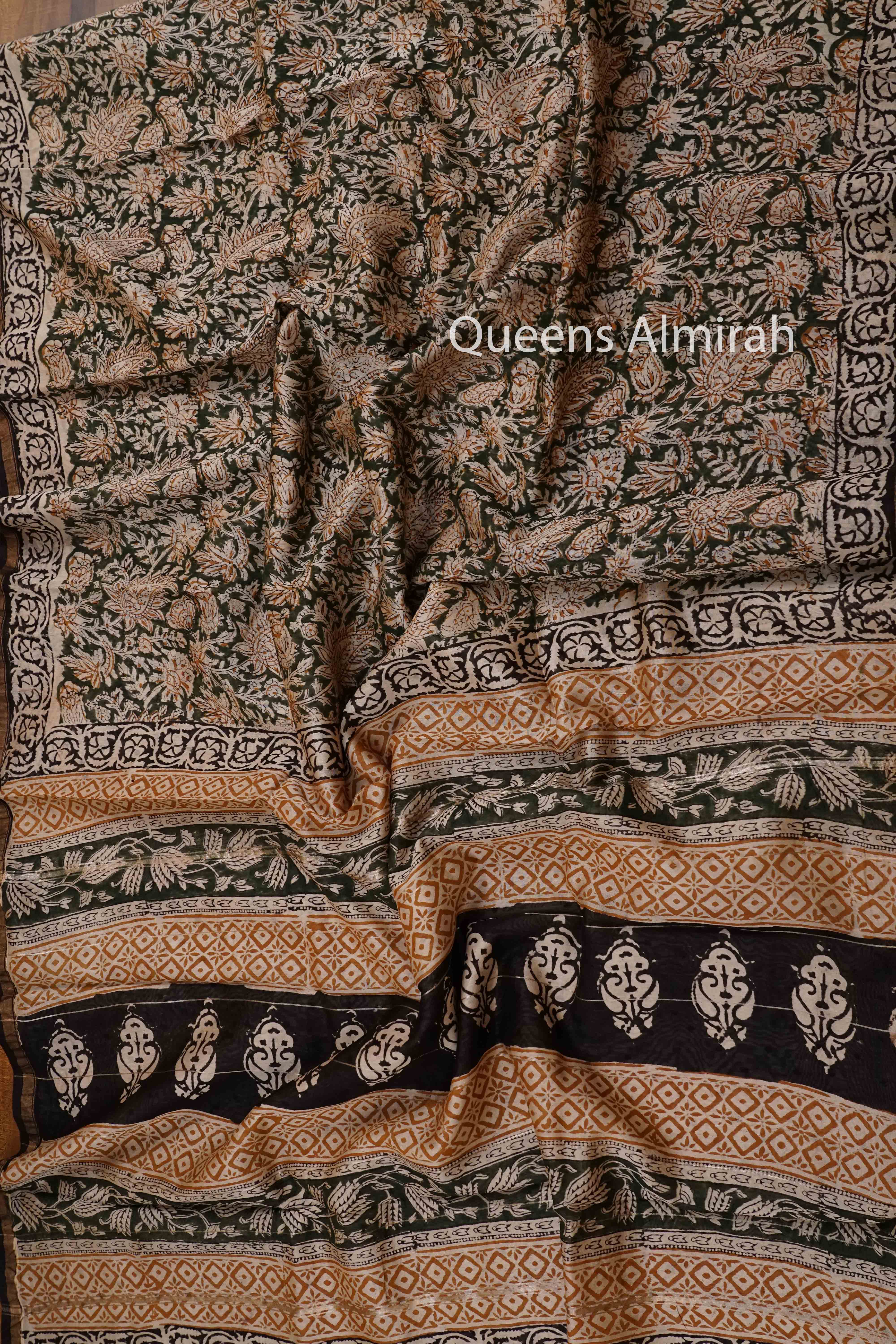 OFF WHITE WITH LUNER GREEN HAND BLOCKED CHANDERI SILK COTTON SAREE - Queens Jewel Emporium