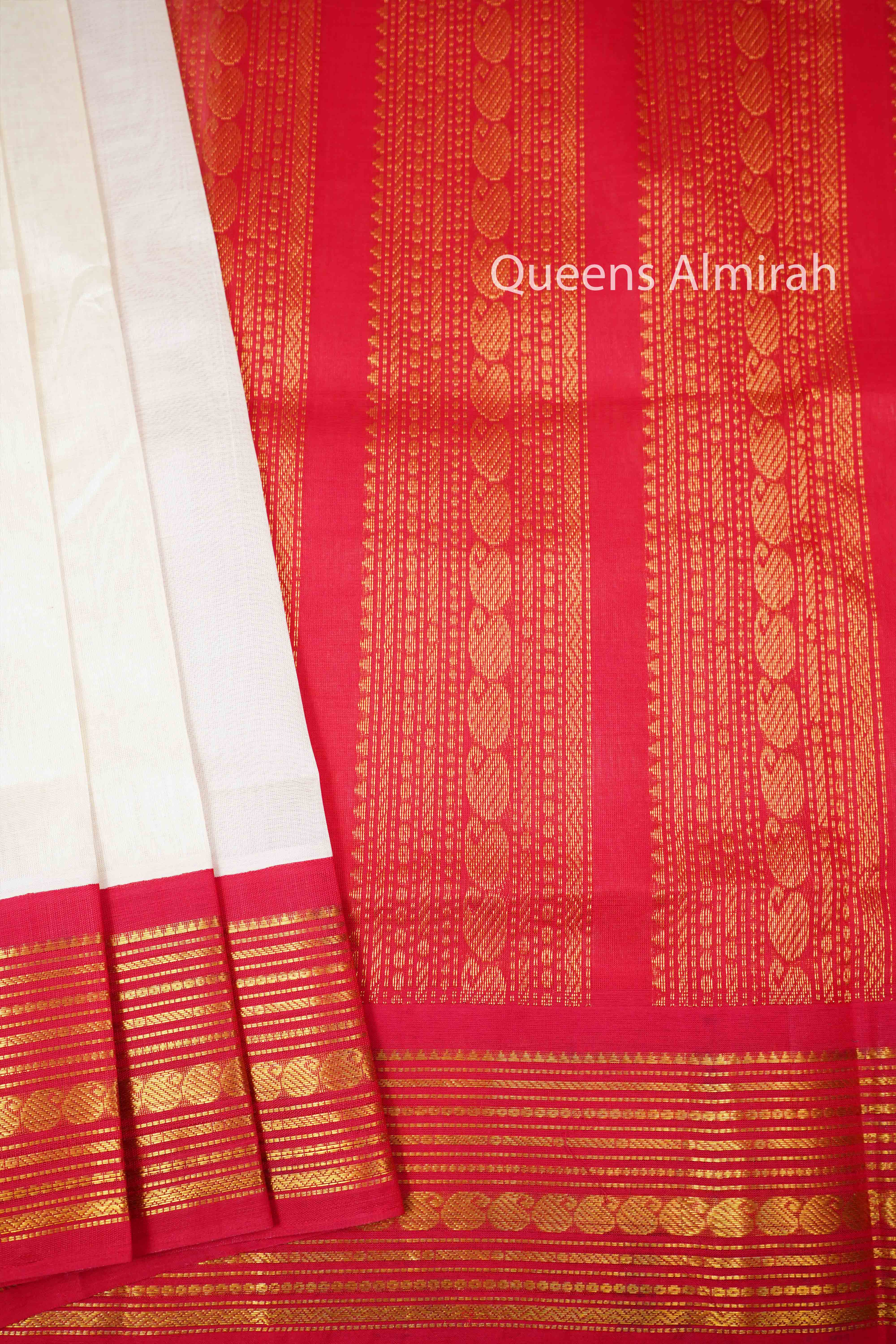 Off White With Red Pure Silk Cotton Saree - Queens Jewel Emporium