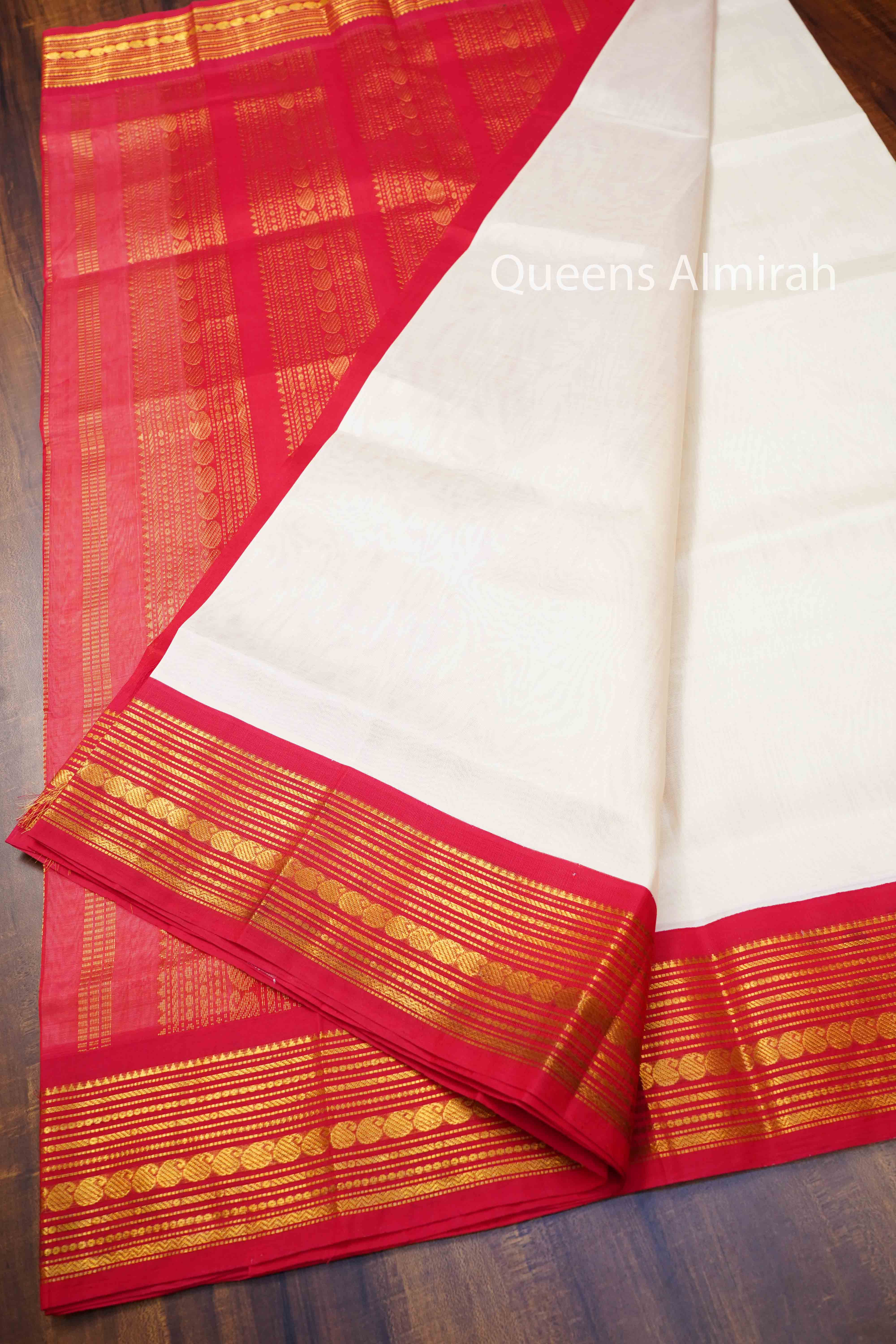 Off White With Red Pure Silk Cotton Saree - Queens Jewel Emporium