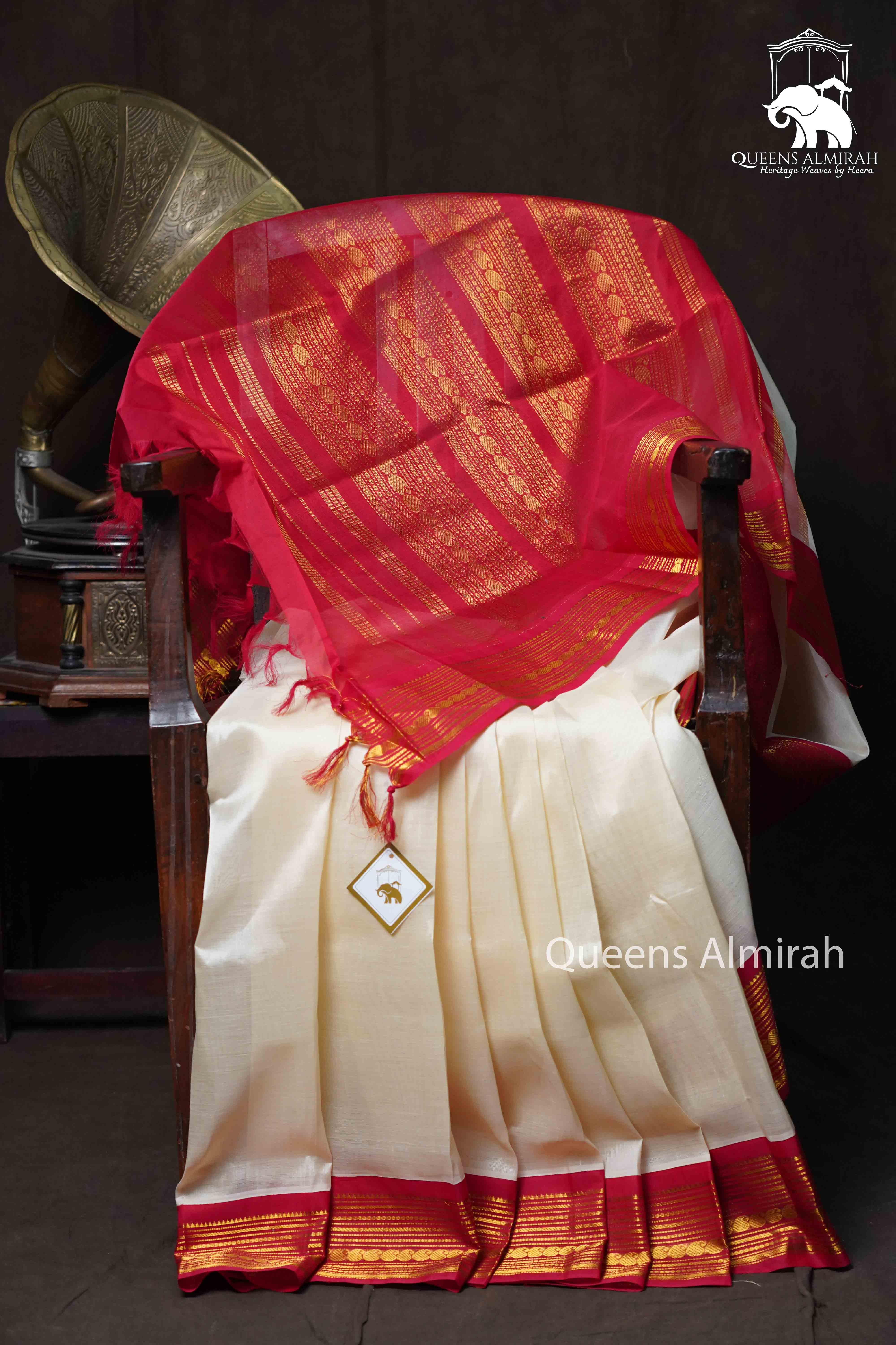Off White With Red Pure Silk Cotton Saree - Queens Jewel Emporium