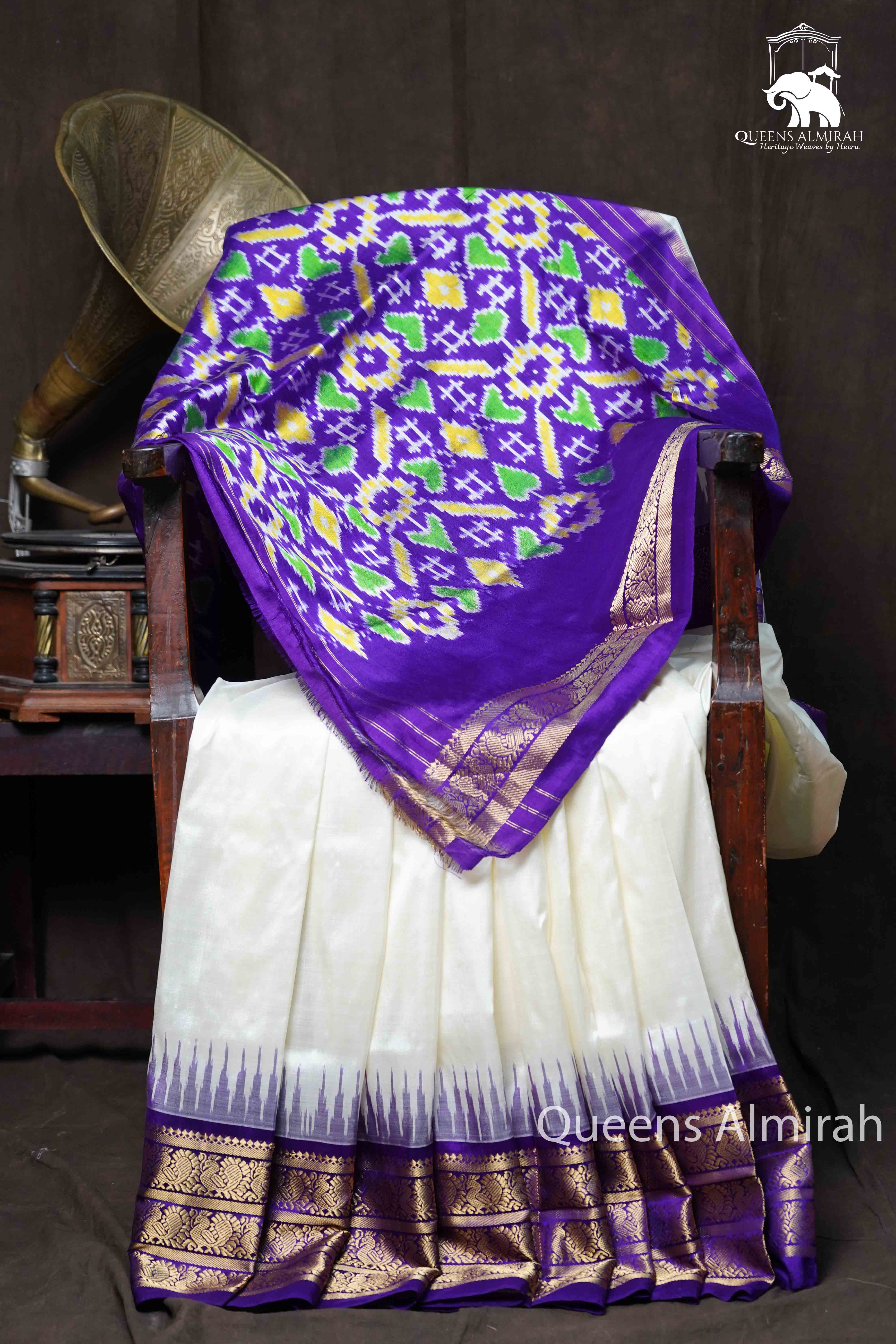 Off White With Royal Purple Pure Ikat Silk Saree - Queens Jewel Emporium