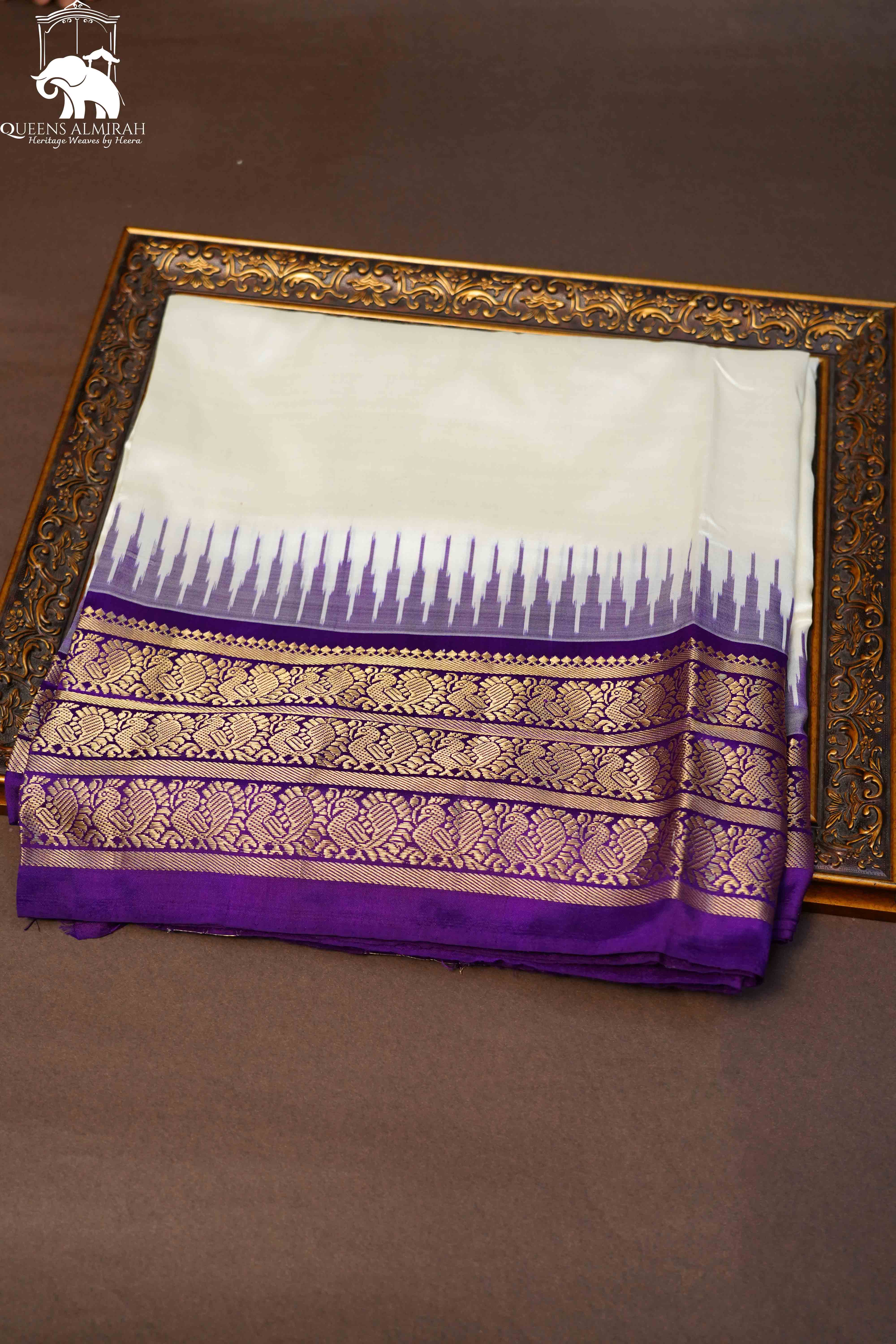 Off White With Royal Purple Pure Ikat Silk Saree - Queens Jewel Emporium